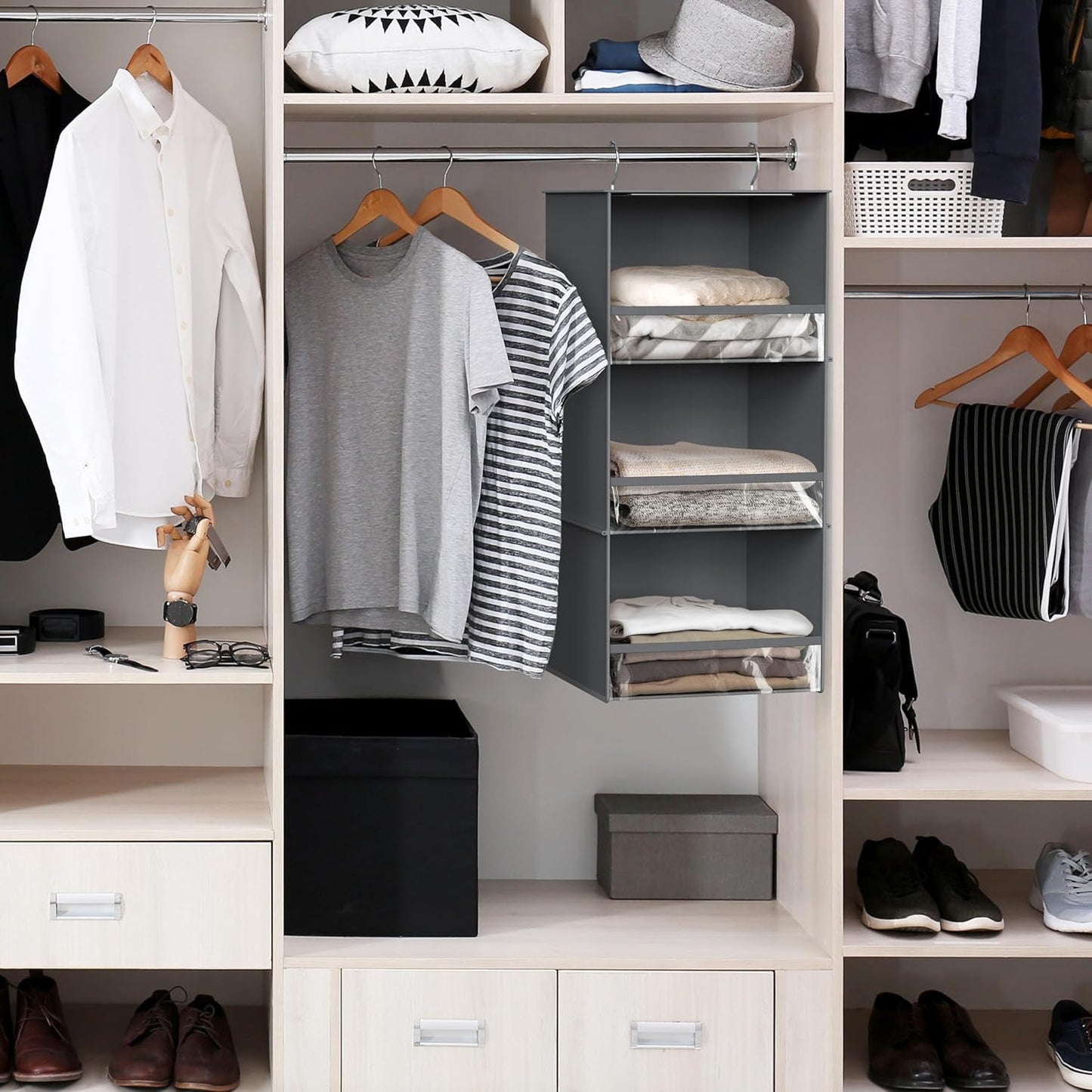 SIMPLE HOUSEWARE 3 Shelf Hanging Closet Organizer with Front Stopper, Dark Gray