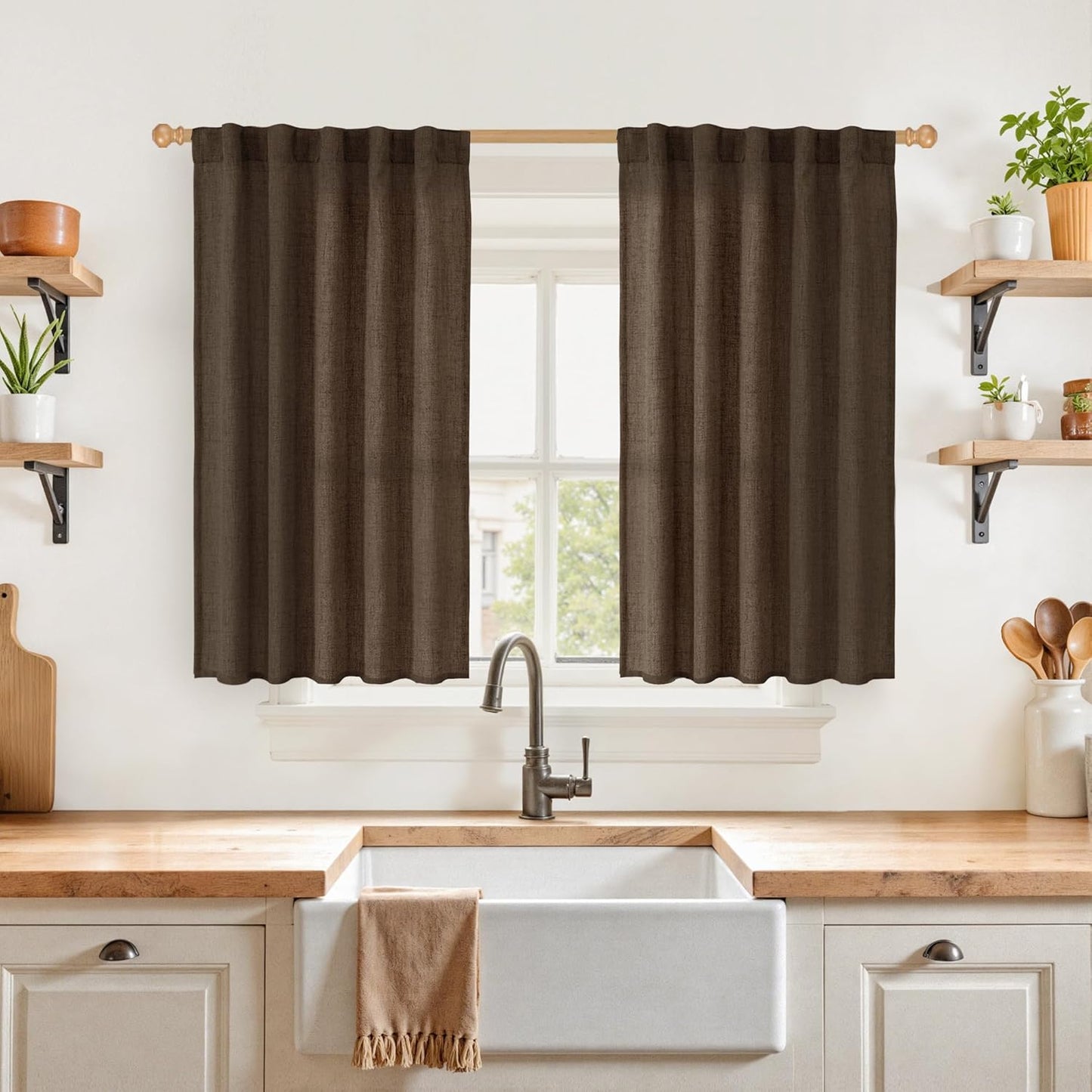 YoungsTex Brown Linen Curtains 48 Inches Long for Short Window, Light Filtering Drapes Privacy with Rod Pocket Back Tab for Bathroom Kitchen Window, 2 Panels, 42 X 48 Inch