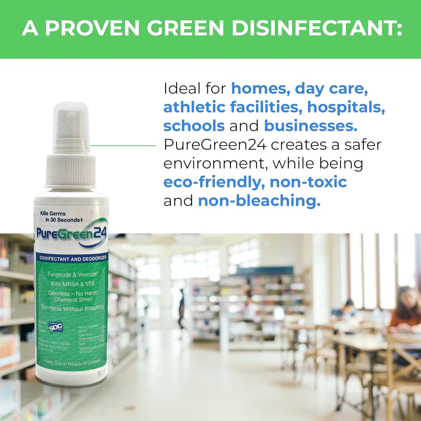 PureGreen24 Safe & Effective Disinfectant. Kills Deadly Germs including RSV COVID-19 Norovirus MRSA Staph 2025 flu Bird flu Contains no toxic chemicals odorless child & pet safe 1 4oz spray bottle