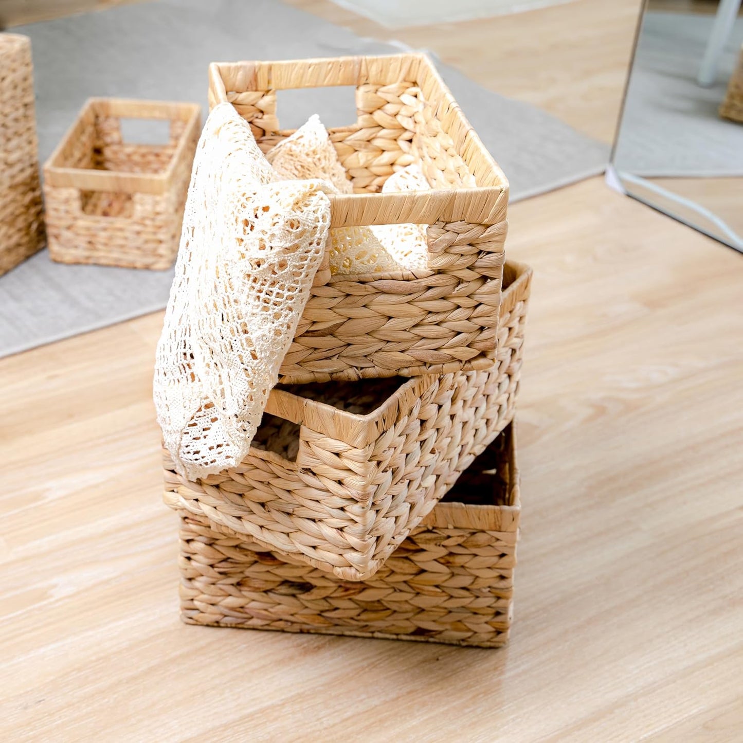 Set of 6 Wicker Storage Basket, Water Hyacinth Storage Baskets, Wicker Storage Baskets for Shelves, Wicker Baskets for Storage, Woven Baskets For Storage (6 Packs Medium)