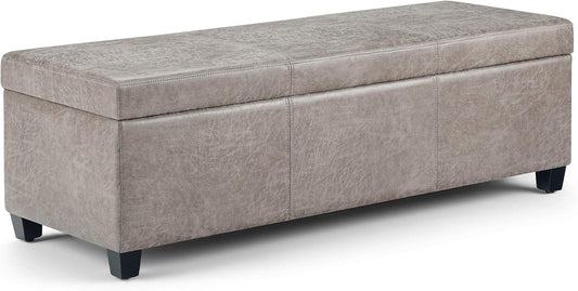 SIMPLIHOME Avalon 48 inch Wide Contemporary Rectangle Storage Ottoman Bench in Distressed Grey Taupe Vegan Faux Leather, Assembled, for the Living Room, Entryway and Family Room