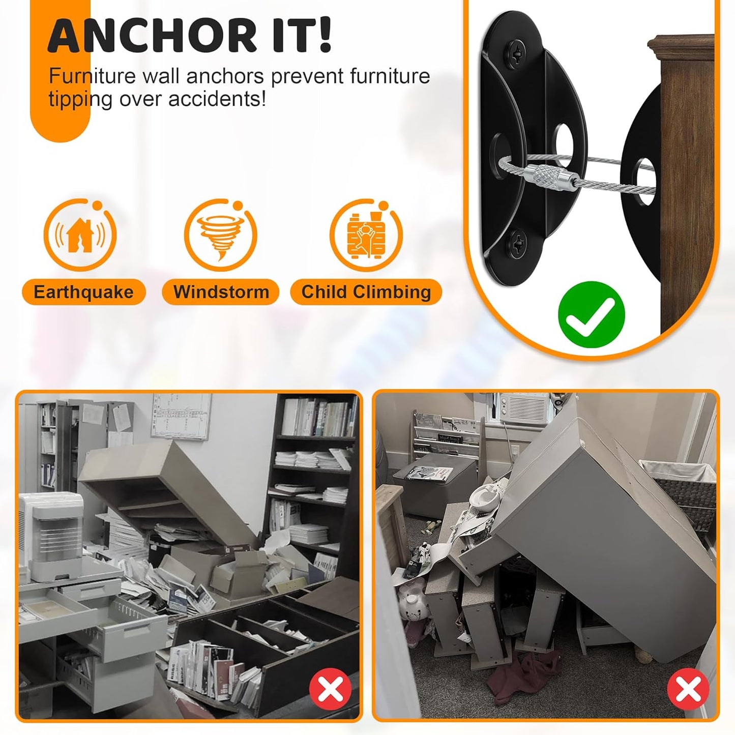 10 Pack Furniture Wall Anchors for Baby Proofing, Anti Tip Furniture Anchors, Secure 400 Pound Furniture, Dresser, Bookcase to Wall Prevent Falling, Earthquake Straps for Child Safety (Black)