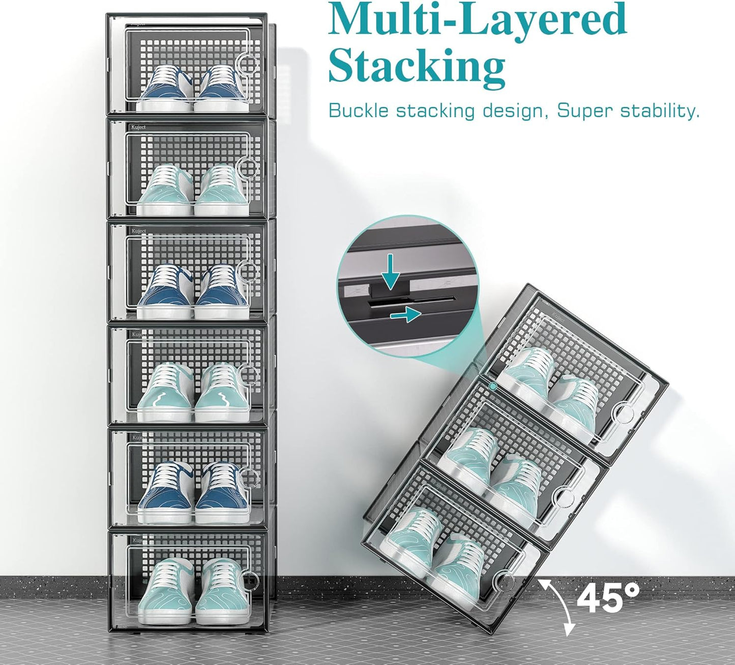 Kuject Large Shoe Organizers Storage Boxes for Closet, 12 Pack Clear Plastic Stackable Storage Bins with Lids, Under Bed Shoe Containers for Entryway, Drop Front, Fit up to Women's Size 10,Black