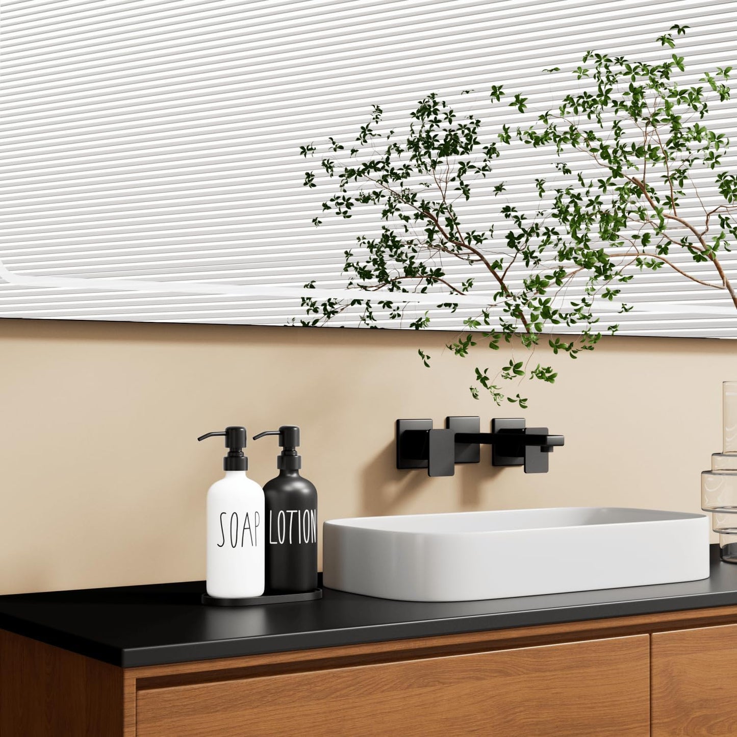 MOMEEMO Glass Soap Dispenser with Stainless Steel Pump, Contains Lotion Dispenser, Hand Soap Dispenser & Tray. (Black & White)