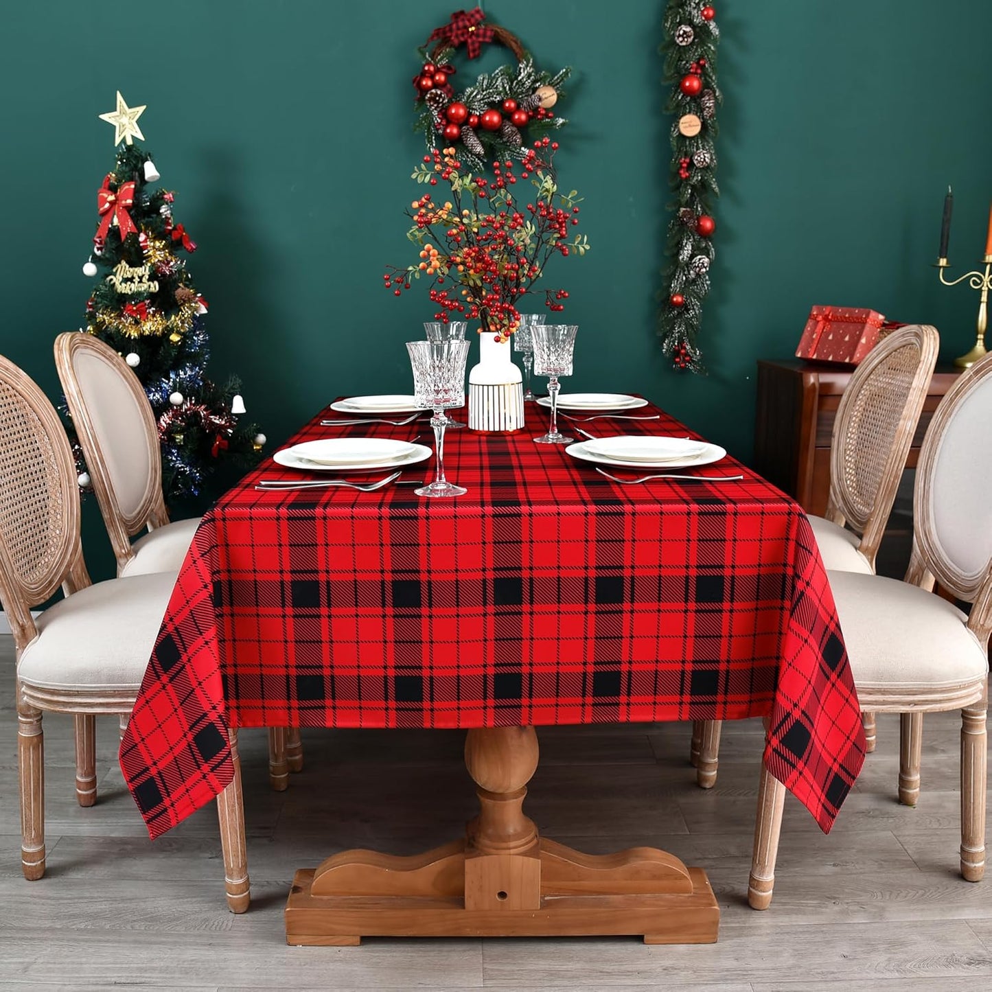 Waterproof Checkered Tablecloth Fabric - Rectangle 58x84 Inch Christmas Plaid Table Cloth for Indoor/Outdoor Use - Xmas Table Cover for Kitchen, BBQs, and Parties