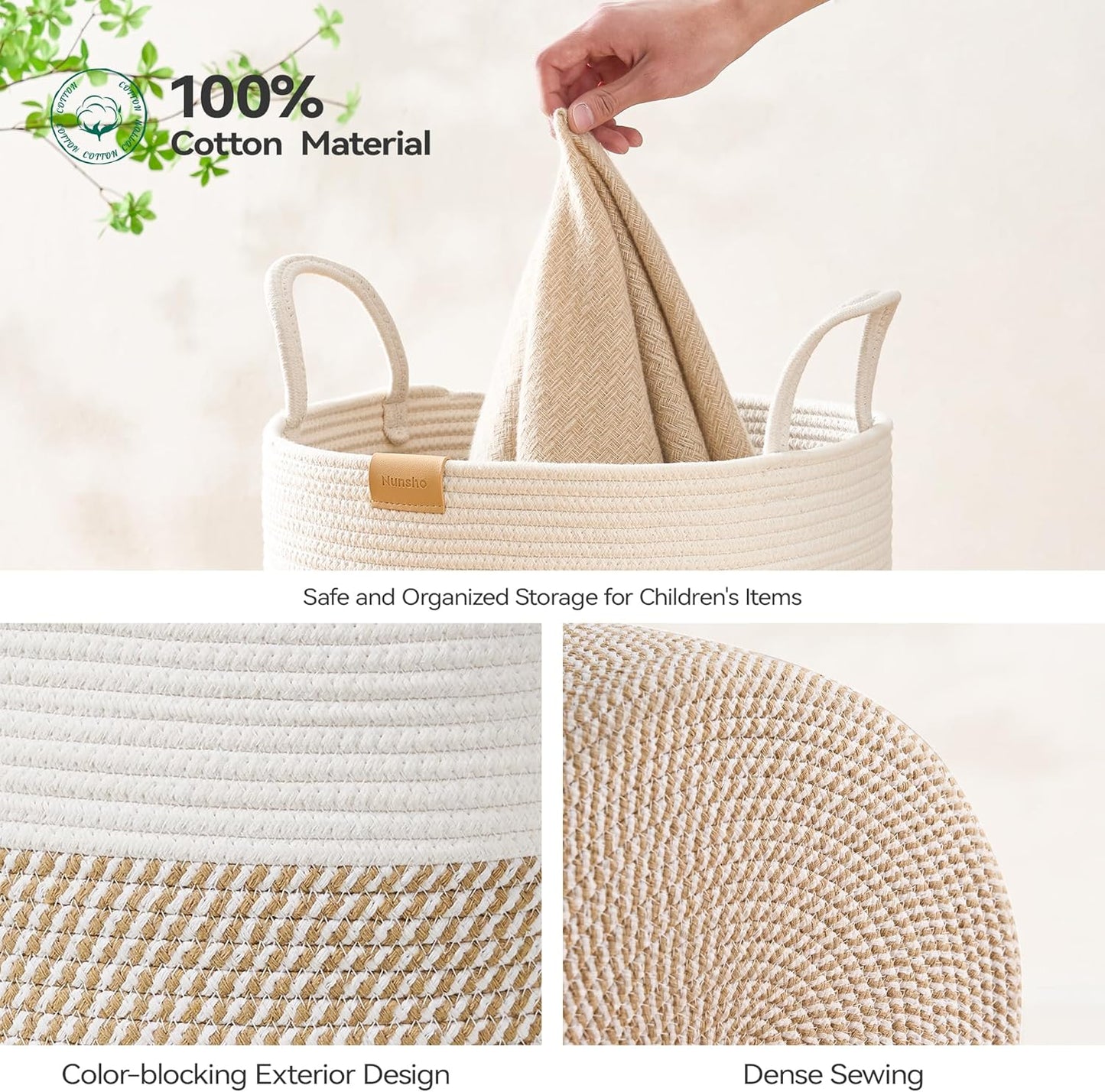 Laundry Hamper 62L,Large Laundry Basket for Clothes,Decorative Storage Basket for Blankets,Cotton Rope Woven basket for bedroom,Brown White