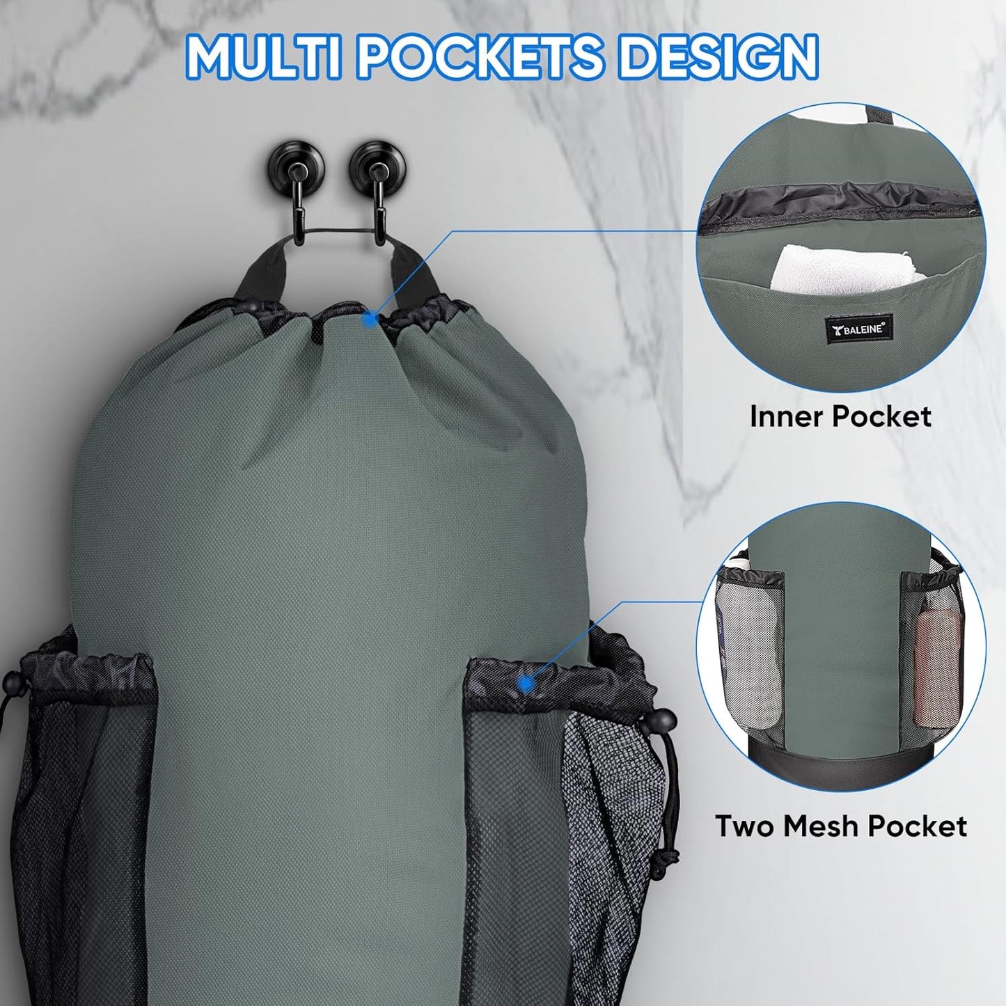 BALEINE 120L Laundry Bag Backpack, 900D Oxford Fabric Large Travel Laundry Bags with Shoulder Straps and 2 Mesh Pockets for College Dorm, Apartment, Laundromat (Dark Grey, 120L)