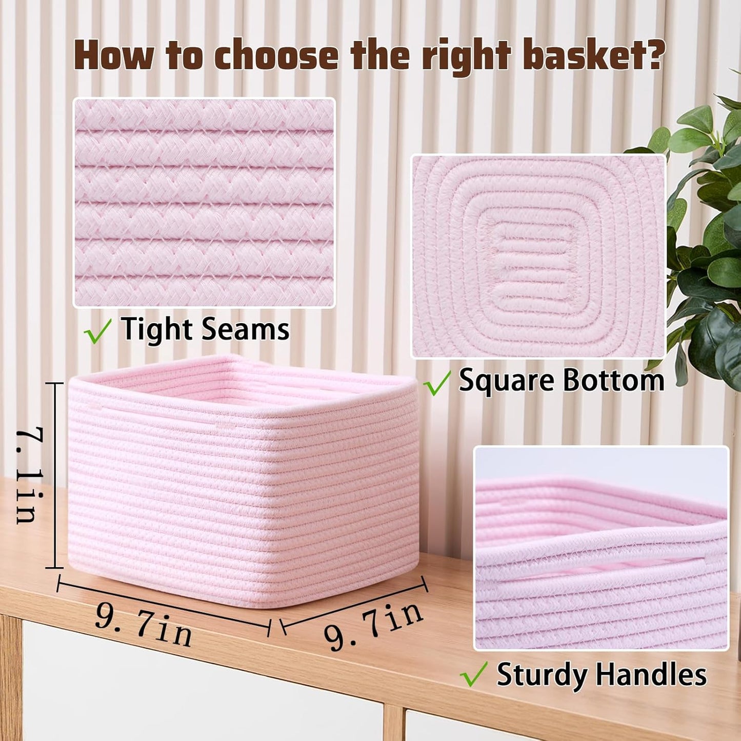 Small Organizing Baskets for Cubes Shelf, 9.7x9.7x7.1 Inch Rope Woven Storage Bins for Nursery Shelves Storage, Cute Toy Basket, Square 3 Packs Light Pink