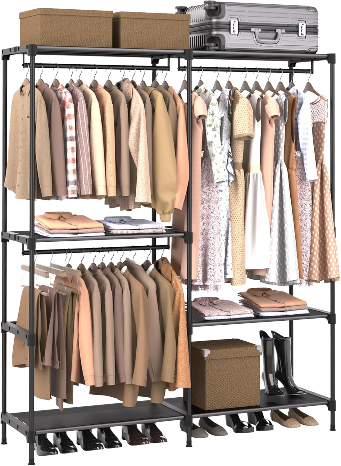 Clothes Rack, Portable Closet, 54.3 Inch Large Capacity Wardrobe Closet, Clothes Storage Organizer with Shelves and 3 Hanging Rods, Easy to Assembly, Black PCT022B01