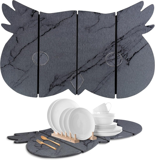 Large Stone Dish Drying Mat for Kitchen Counter,24"(L)×16"(W) Quick Dry Absorbent Diatomaceous Earth Dish Drying Mats,Owl Shape Design Drying Pads for Cups Dishes Bottles (DarkGray)