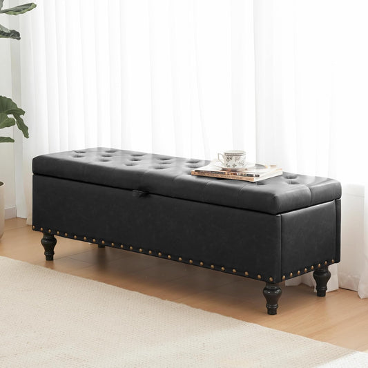 50" Storage Ottoman Bench, Tufted Ottoman with Storage for Living Room, Large End of Bed Ottomans, Modern Entryway Benchs, Window & Bedroom Benches for Foot of Bed (Black)