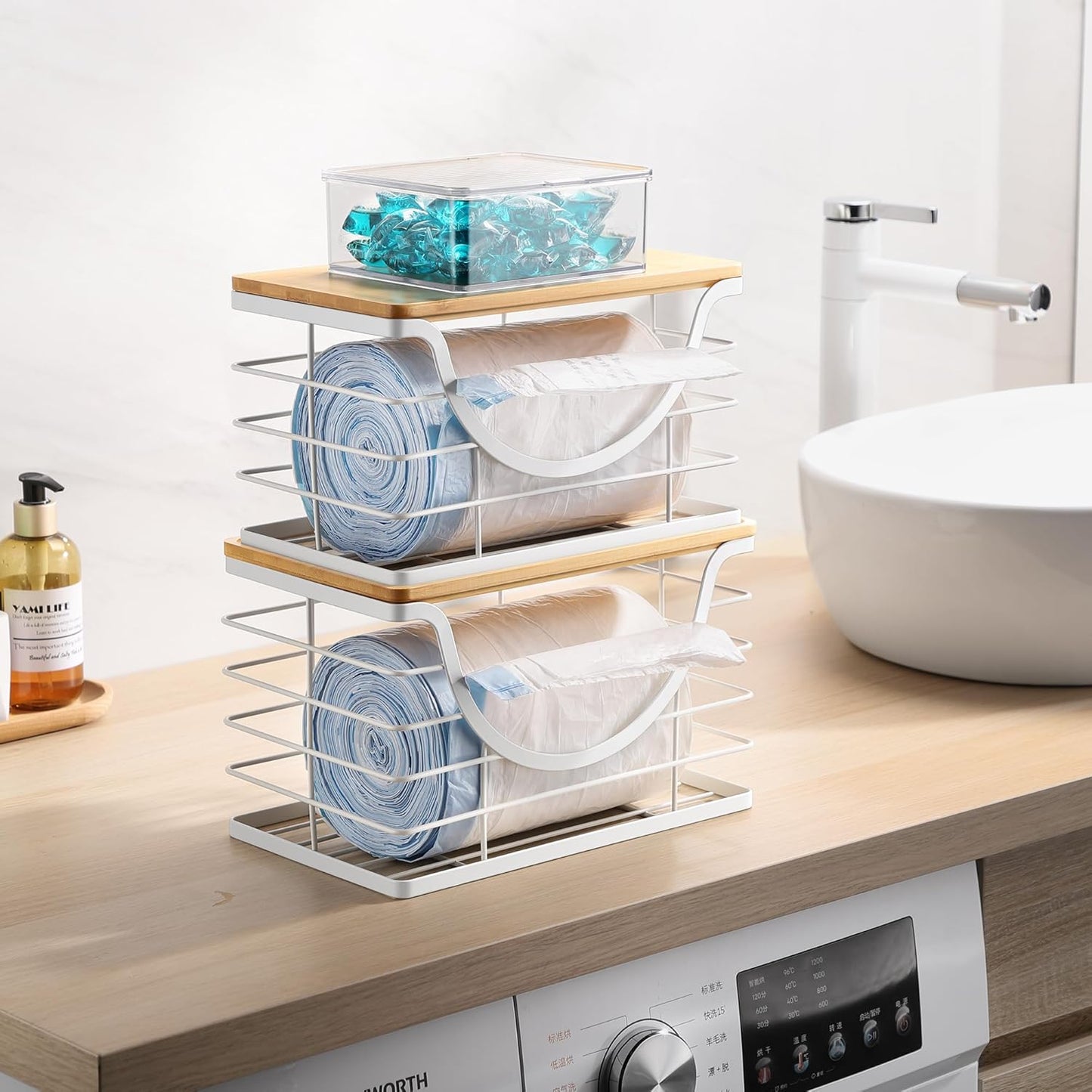 Extra Large Trash Bag Holder Stackable Kitchen Storage White, 2 Pack Wall Mounted Pantry Organizers and Storage with Bamboo Top, Garbage Bag Dispenser Under Sink for Laundry Room and Kitchen