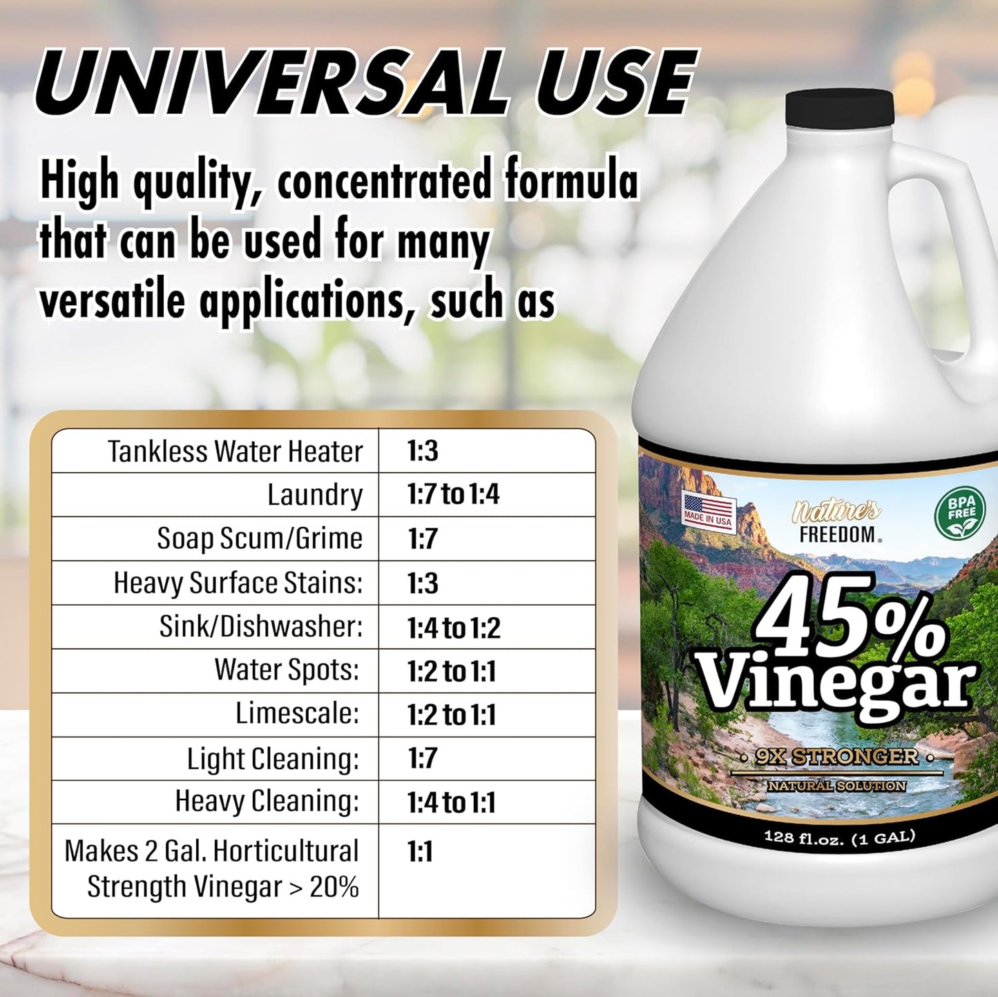 Nature's Freedom 45% Concentrated Vinegar, 1 Gallon - Dilutes to 9 Gallons - 9x Strength Multi-Purpose Solution