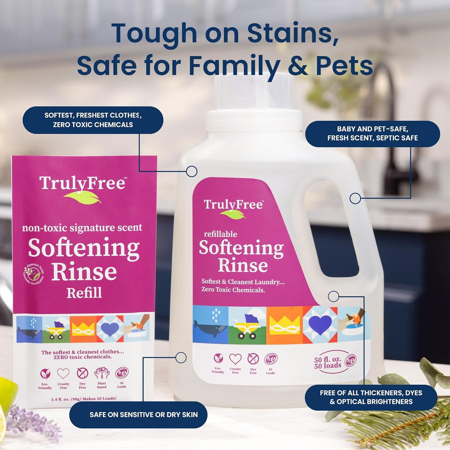 Truly Free Natural Fabric Softener for Sensitive Skin, Baby, Kids | Clean Easy Powder to Liquid Laundry Softener | Lavender Eucalyptus, Septic Safe | 1 Pack Fabric Softner + 1 Refillable Jug, 50 Loads