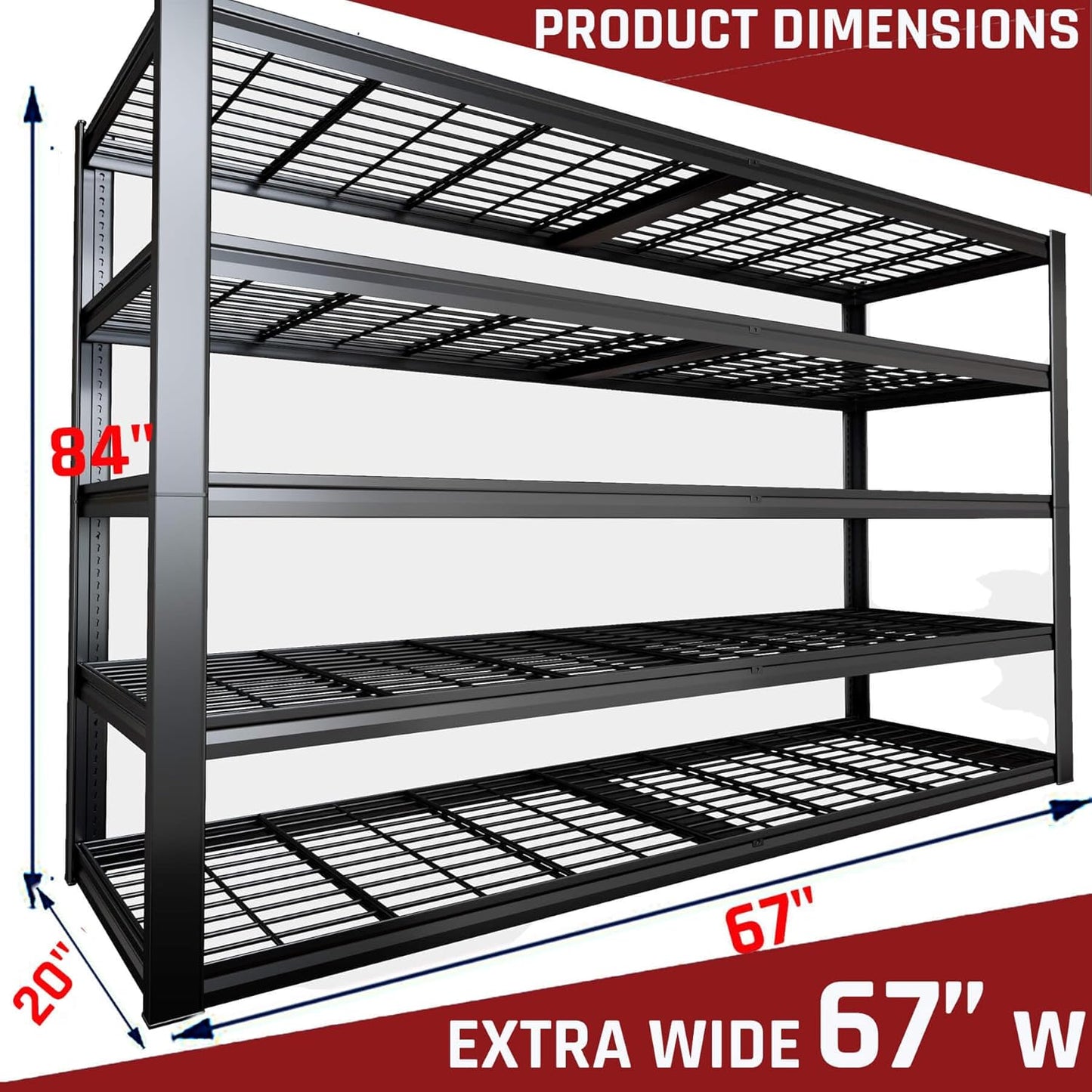 68" W Garage Shelving Heavy Duty, 5 Tier Garage Shelves, Adjustable Storage Shelving Unit, Commercial Metal Shelf for Warehouse, Pantry, School, Shop, 68" Wx20 Dx84 H, 2 Pack