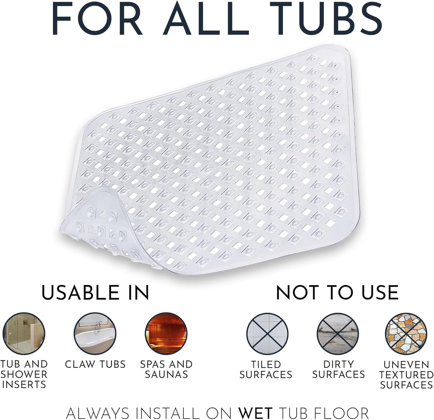 Homerella Anti Slip Shower Mat | Anti Mold Non Slip Bathtub Mat for Inside Shower | Square Floor Shower Mat 21 x 21 inch with Suction Cups for Grip & Hooks Hanging and Quick Drying | Machine Washable