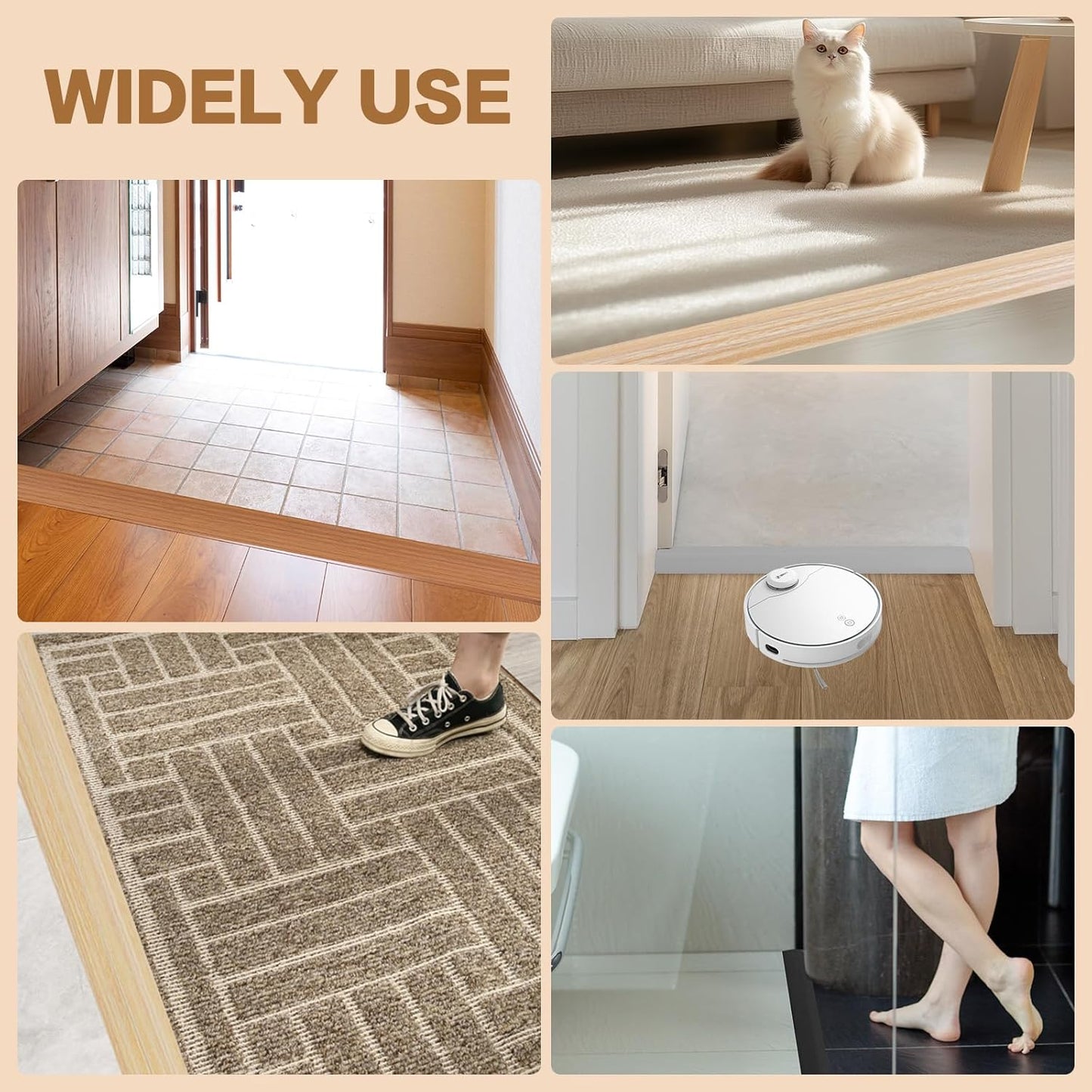 Floor Transition Strip Vinyl Door Threshold Ramp Self Adhesive Carpet Edging Strip Doorway Edge Trim, Overlap Edge Reducer for Laminate Carpet, Floor, Tile (Light Yellow Grain, 2/5" to 3/5", 6.6Ft)