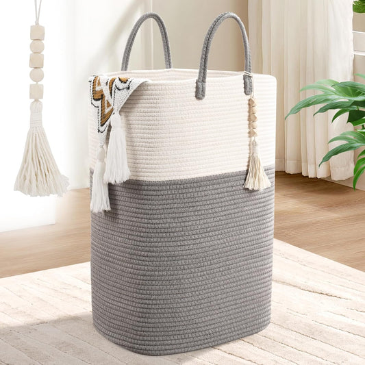 Woven Laundry Basket for Clothes, 80L Large Rectangle Laundry Hampers with Beads Tassel, Nursery Storage Basket for Toys, Tall Dirty Clothes Hamper for Bedroom Aesthetic, Laundry Room Organization