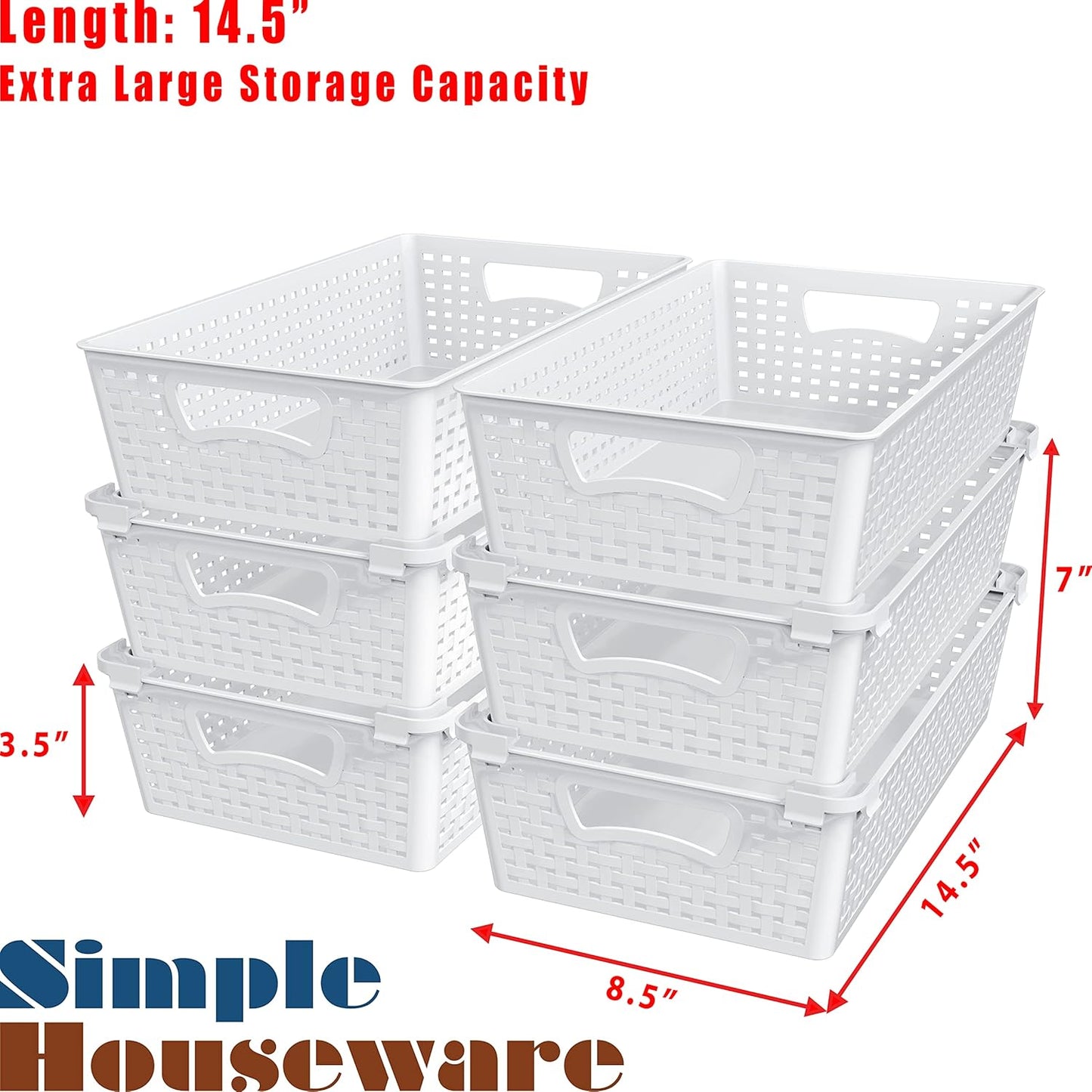 Simple Houseware Plastic Stackable Storage Basket Pantry Organizer, 6 Pack, 14.5" x 8.5" x 3.5", White