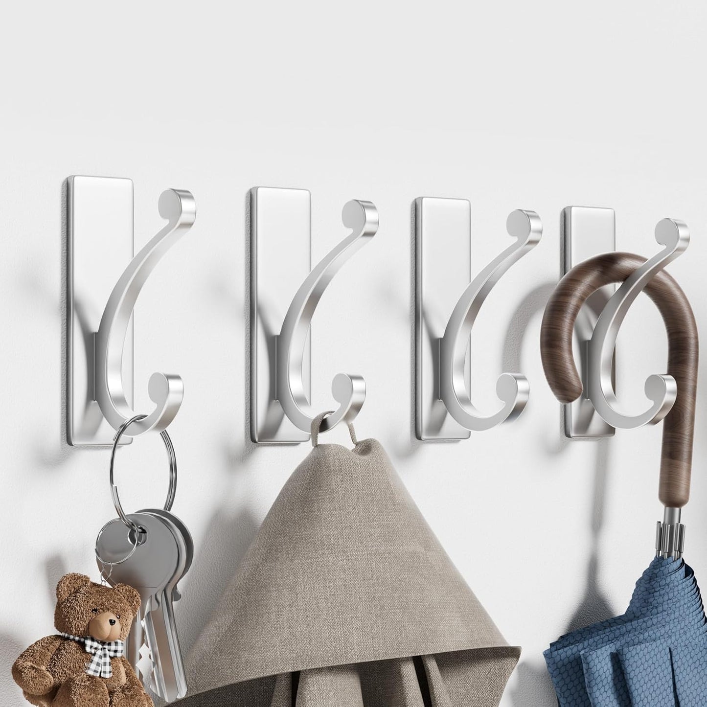 8-Pack Adhesive Wall Hook for Towel/Coat - Extra Sticky 10LB Stainless, Stick on Hanger for Bath or Shower, Matt Silver