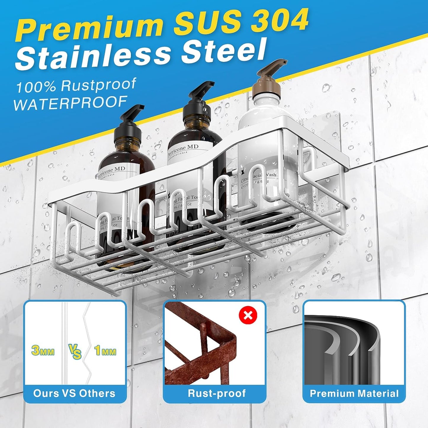 EUDELE 5-Pack Rustproof Stainless Steel Shower Caddy – No Drill Adhesive Bathroom Organizer with Large Capacity, Spacious Shower Shelves for Inside Shower, Kitchen & Home Decor Storage-XL Size