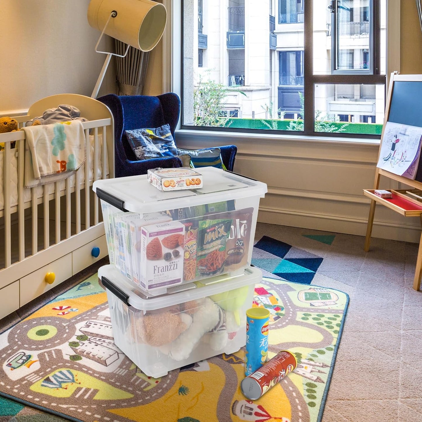 30 Quart Clear Plastic Latch Storage Bins with Wheels, 4-Pack Wheeled Clear Storage Totes