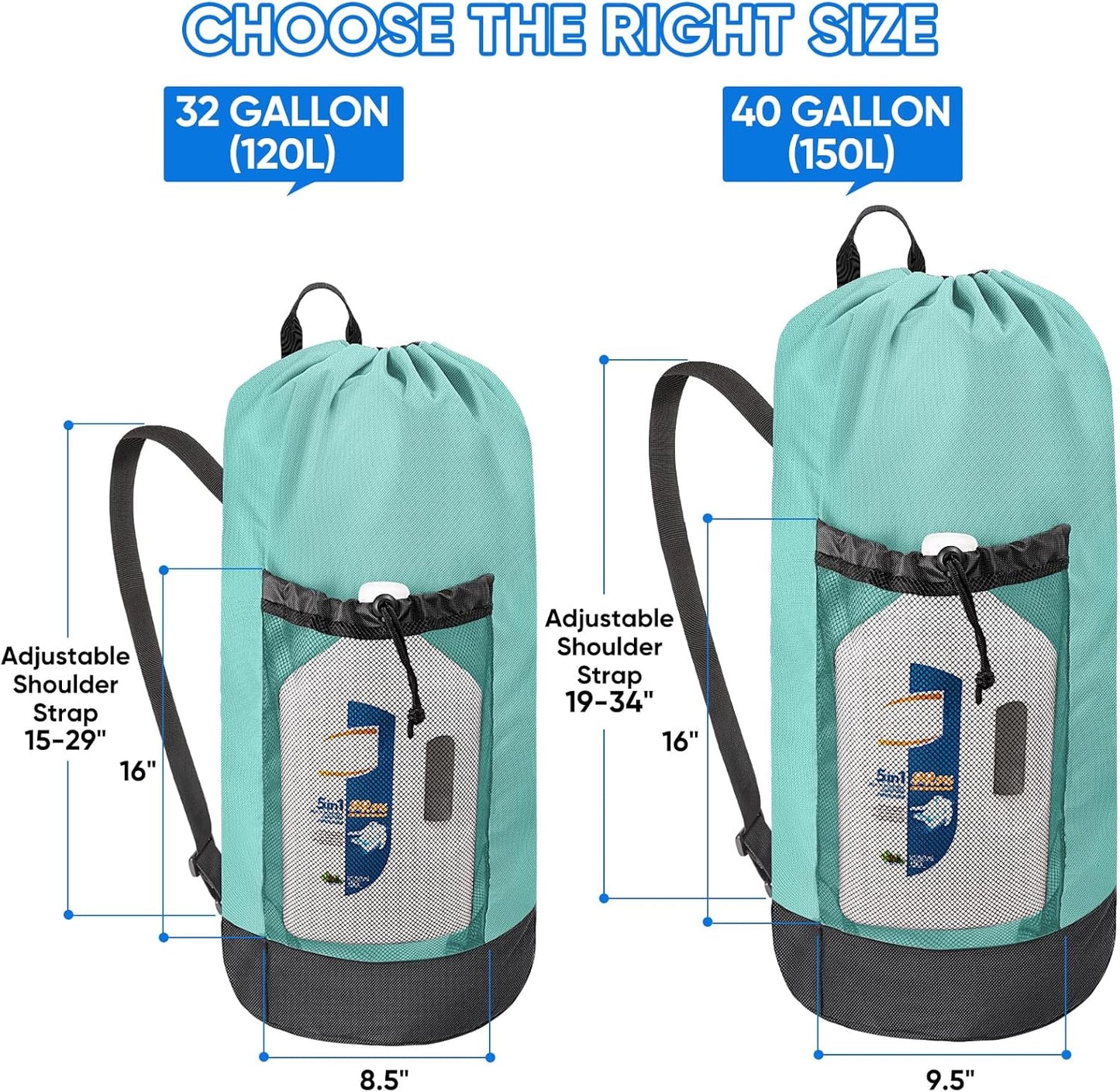 BALEINE 120L Laundry Bag Backpack, 900D Oxford Fabric Large Travel Laundry Bags with Shoulder Straps and 2 Mesh Pockets for College Dorm, Apartment, Laundromat (Sky Blue, 120L)