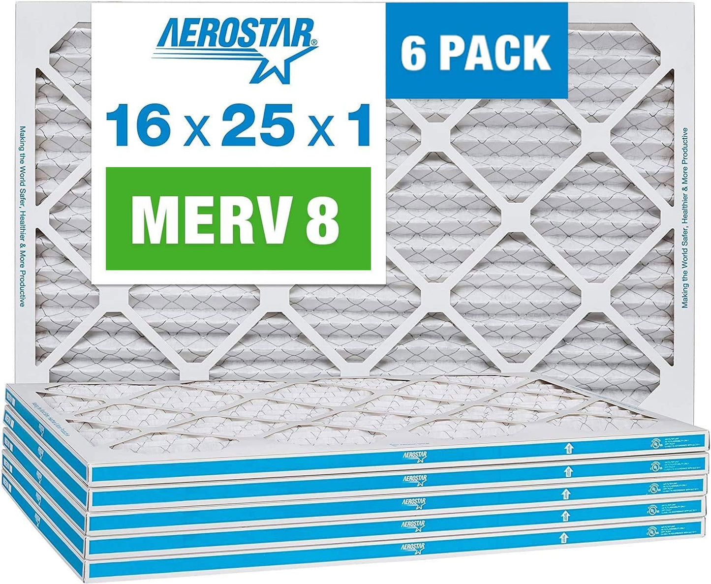 Aerostar 16x25x1 MERV 8 - 6 Count - High Efficiency Pleated HVAC, Furnace & Air Conditioner Filters - Removes Dust, Lint, Mold & Allergy-Causing Pollen