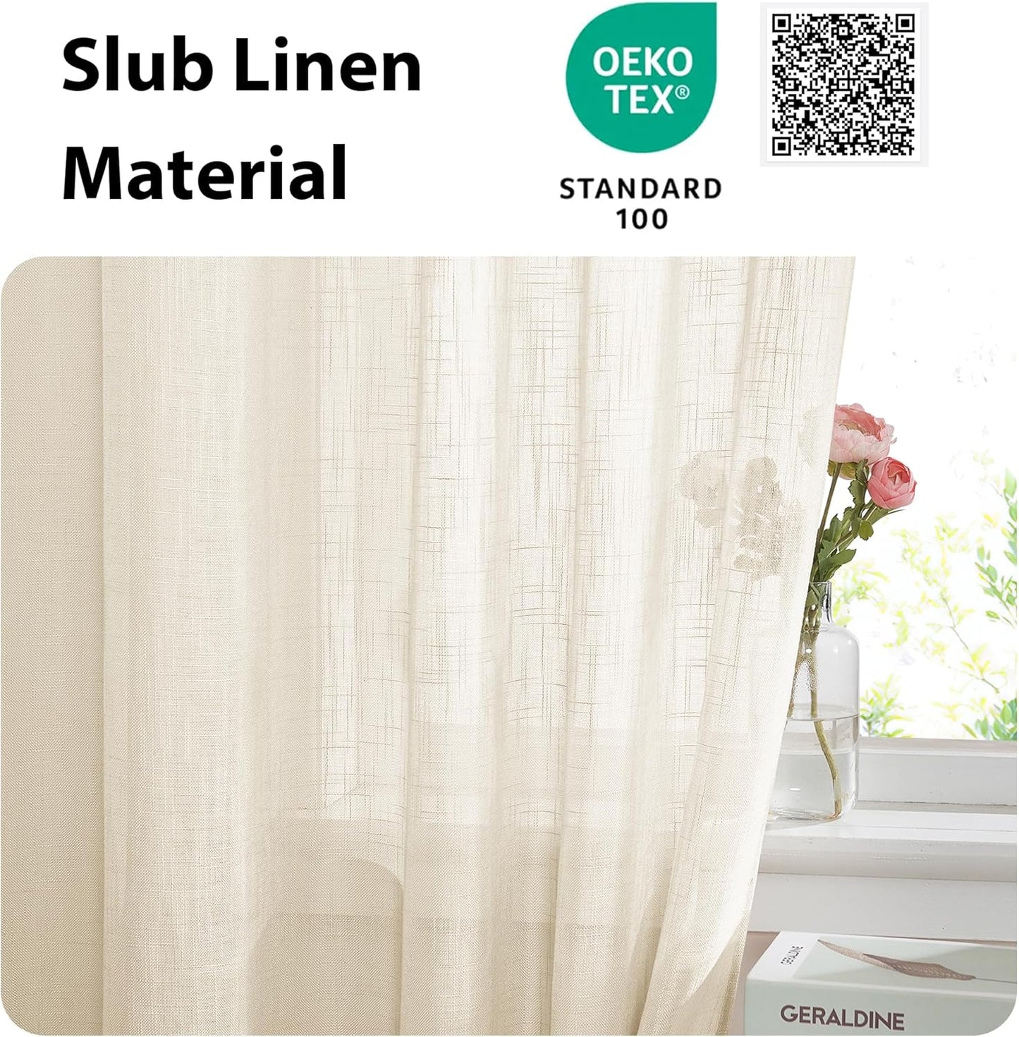 NICETOWN French Door Sheer Curtains for Front Back Patio Glass Door Light Filtering Window Treatment with 1 Tieback, 26" Width x 40" Length, Beige, 1 Panel