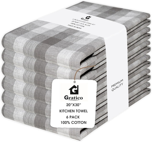 Kitchen Towels Set of 6 Grey/White Checks 20x30 Inches 100% Cotton Highly Absorbent Kitchen Towels