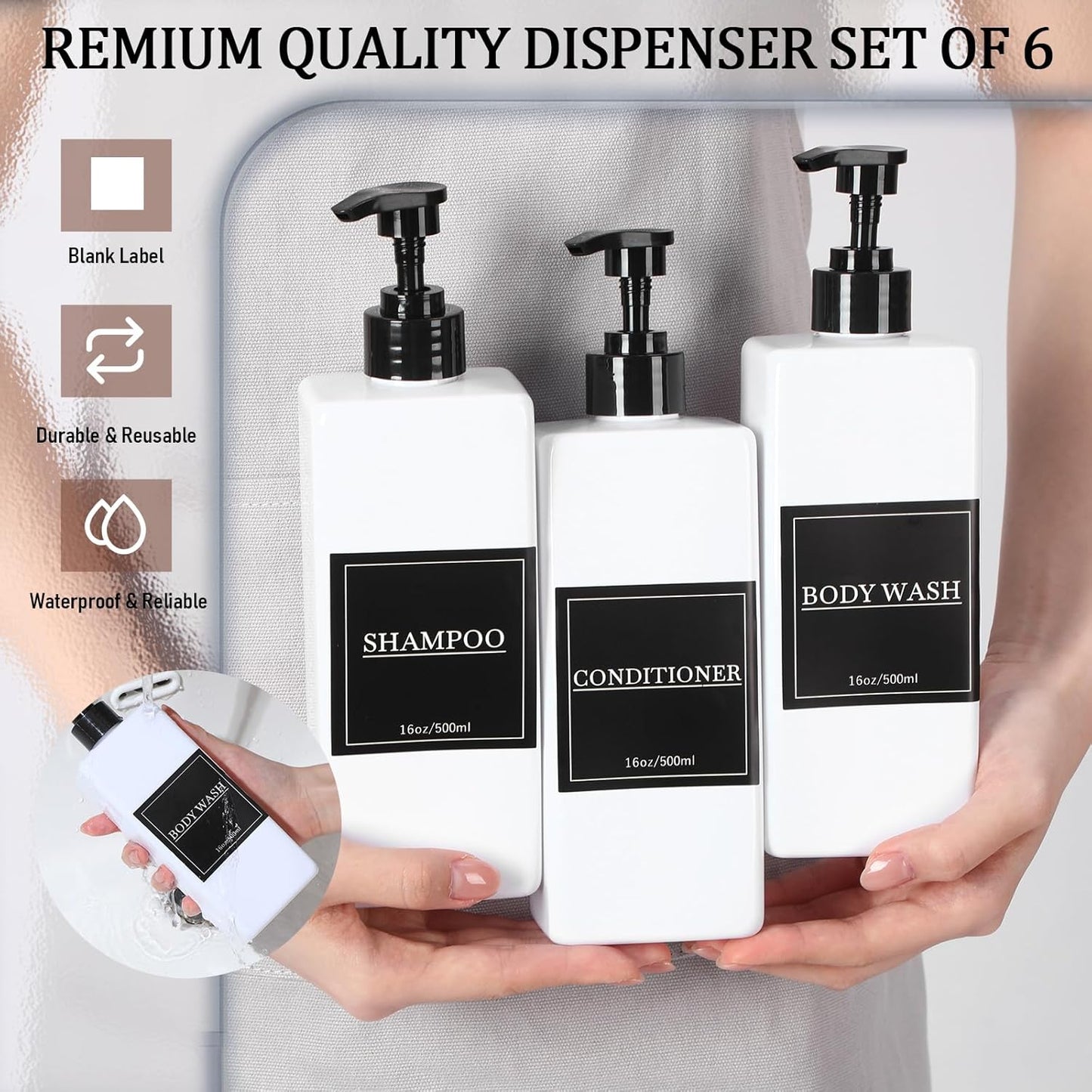 Tanlade 6 Pcs Shampoo and Conditioner Dispenser Bottles 16oz Modern Shower Soap Bottles with Pump, Labels and Marker Pen Easy to Refill Body Wash Dispensers for Home Bathroom Decoration (White)