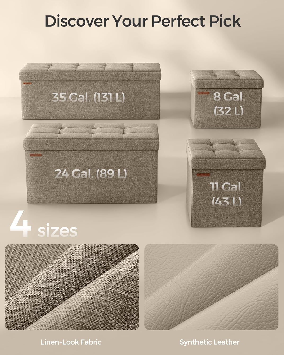 SONGMICS MAZIE Collection - 43 Inches Folding Storage Ottoman Bench, Ottoman Foot Rest, End of Bed Bench, Storage Chest, Load 660 lb, for Living Room, Bedroom, Entryway, Camel Brown ULSF077R01