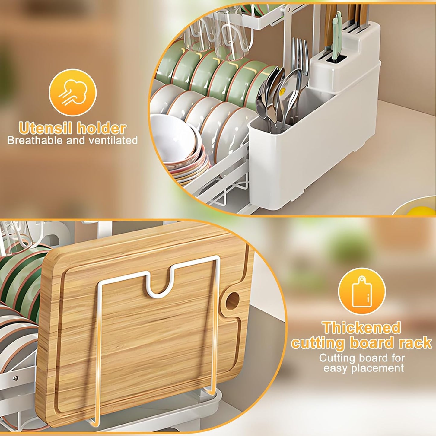 Dish Drying Rack Large 2 Tier Carbon Steel Dish Rack for Kitchen Counter,2-Tier Kitchen Organizers and Storage Rack with Drainboard and Cutlery Holder,Black, Folds Storage