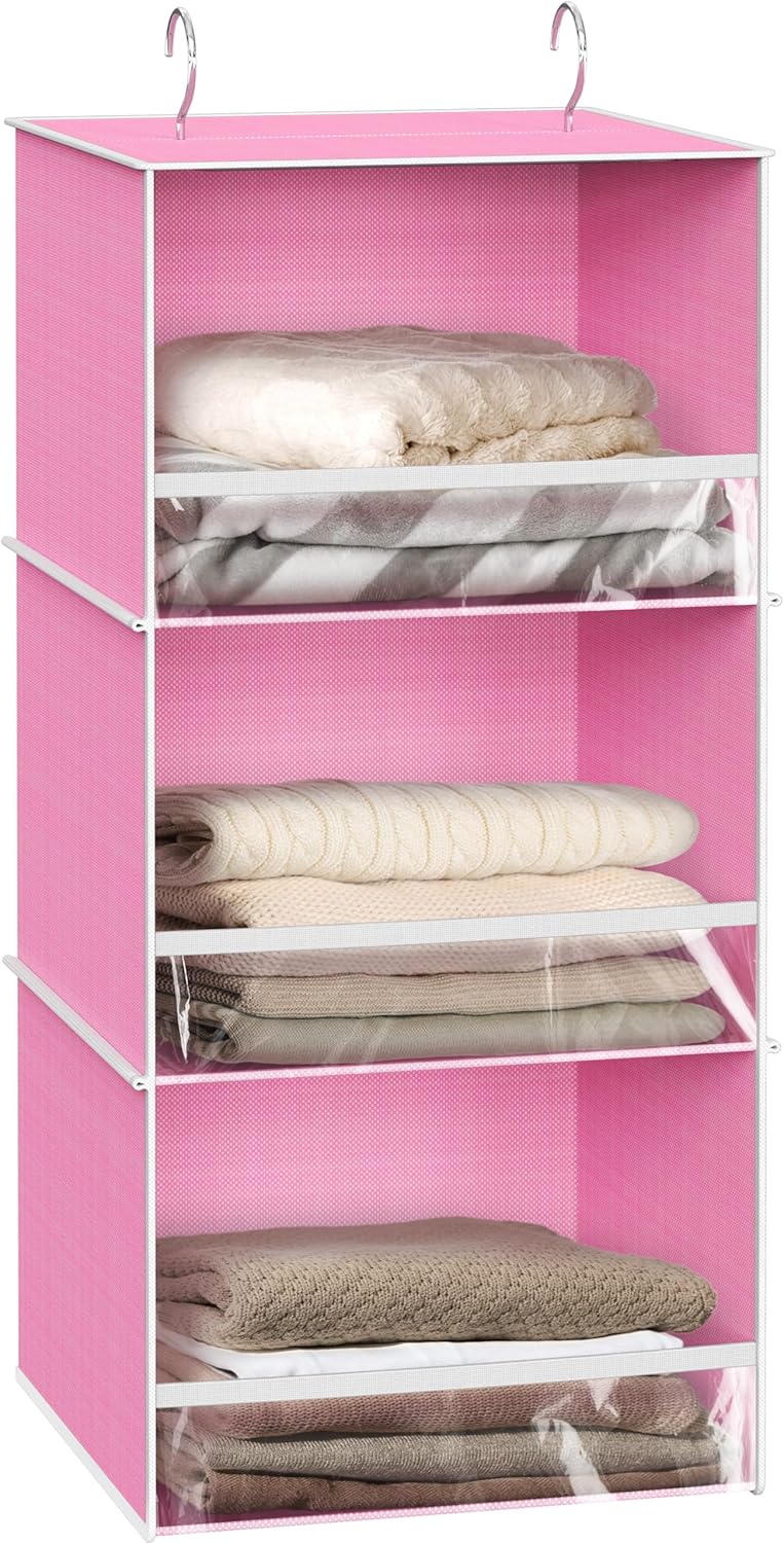 Simple Houseware 3 Shelf Hanging Closet Organizer with Front Stopper, Pink