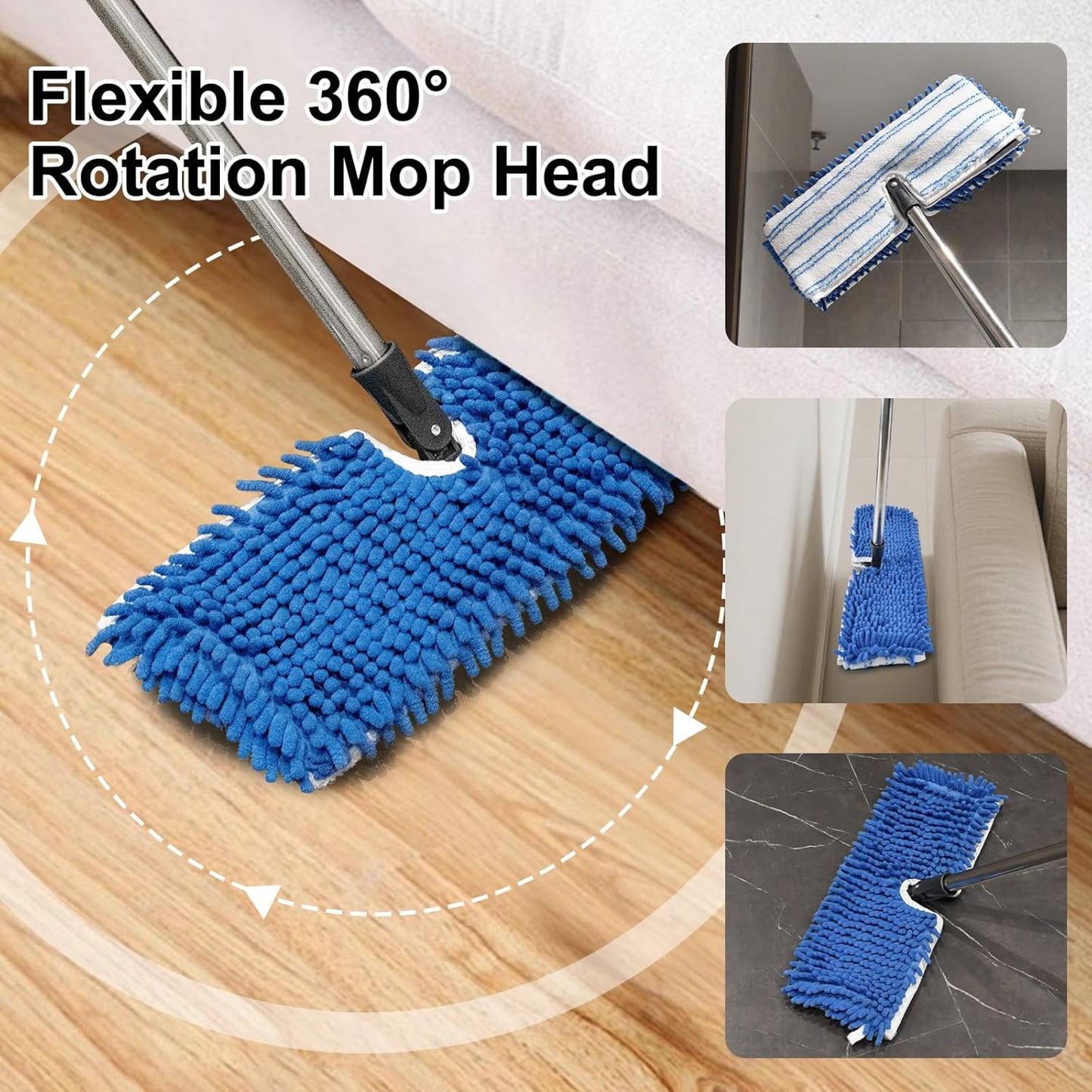 Microfiber Dust Mop for Hardwood Floors, Flat Mops for Floor Cleaning, Double-Sided Flip Mops with 58''Stainless Steel Mop Handle and Extra 3 Reusable Microfiber Mop Pads, Use Wet and Dry