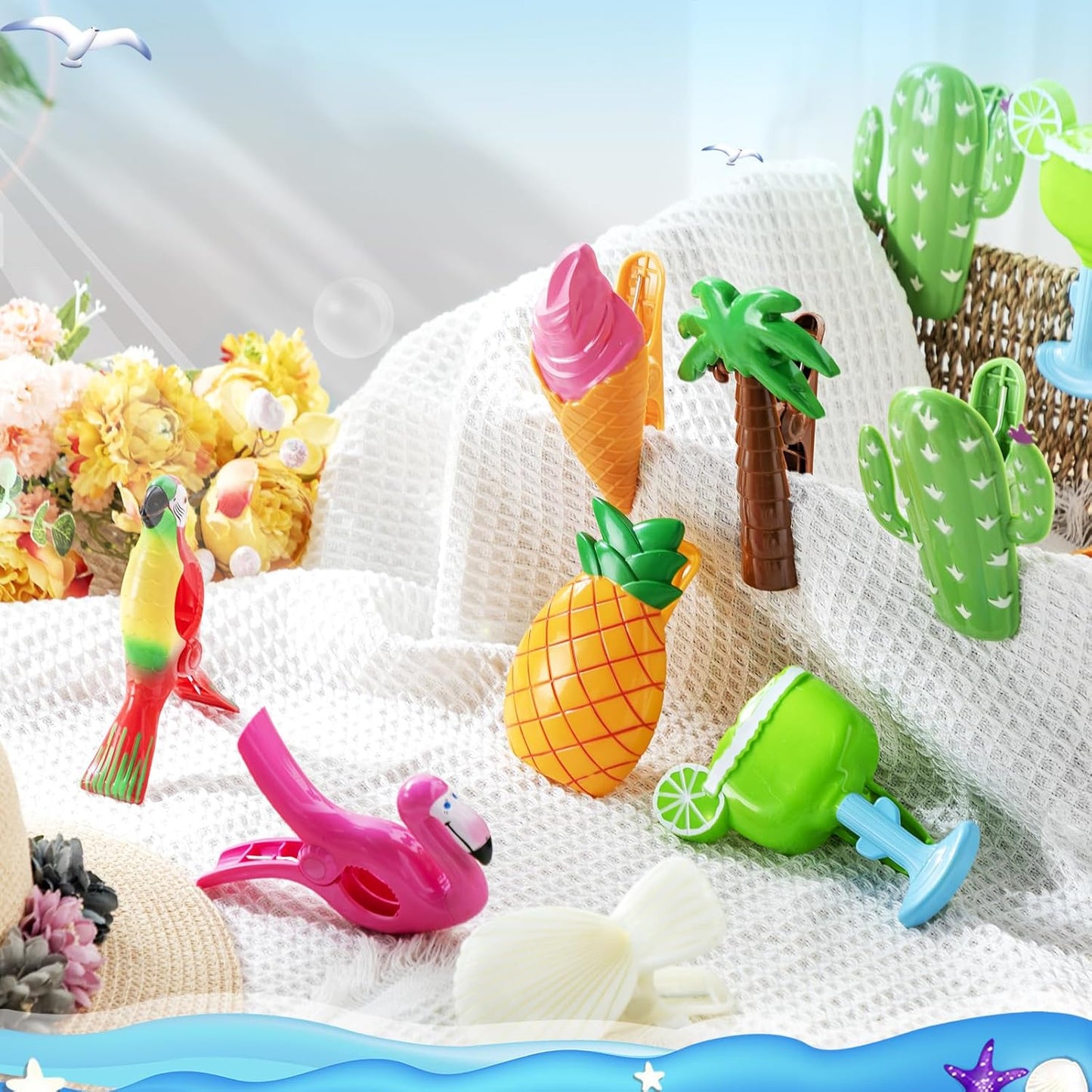 Rtteri 16 Pcs Beach Towel Clips for Beach Chairs Cute Towel Holder Cruise Clothes Pins for Lounge Chair Patio Pool, Assorted Style(Vivid)