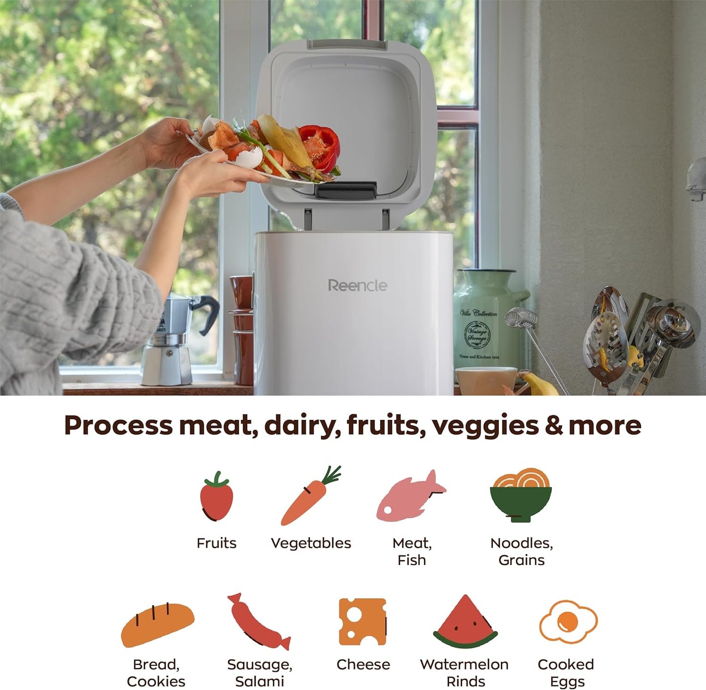 Reencle Prime Electric Composter - 14L Kitchen Composter, Decomposes Up to 2.2 lbs Food Waste Daily, Odorless Indoor Composting with Whisper-Quiet Technology & Rapid Decomposition (White)