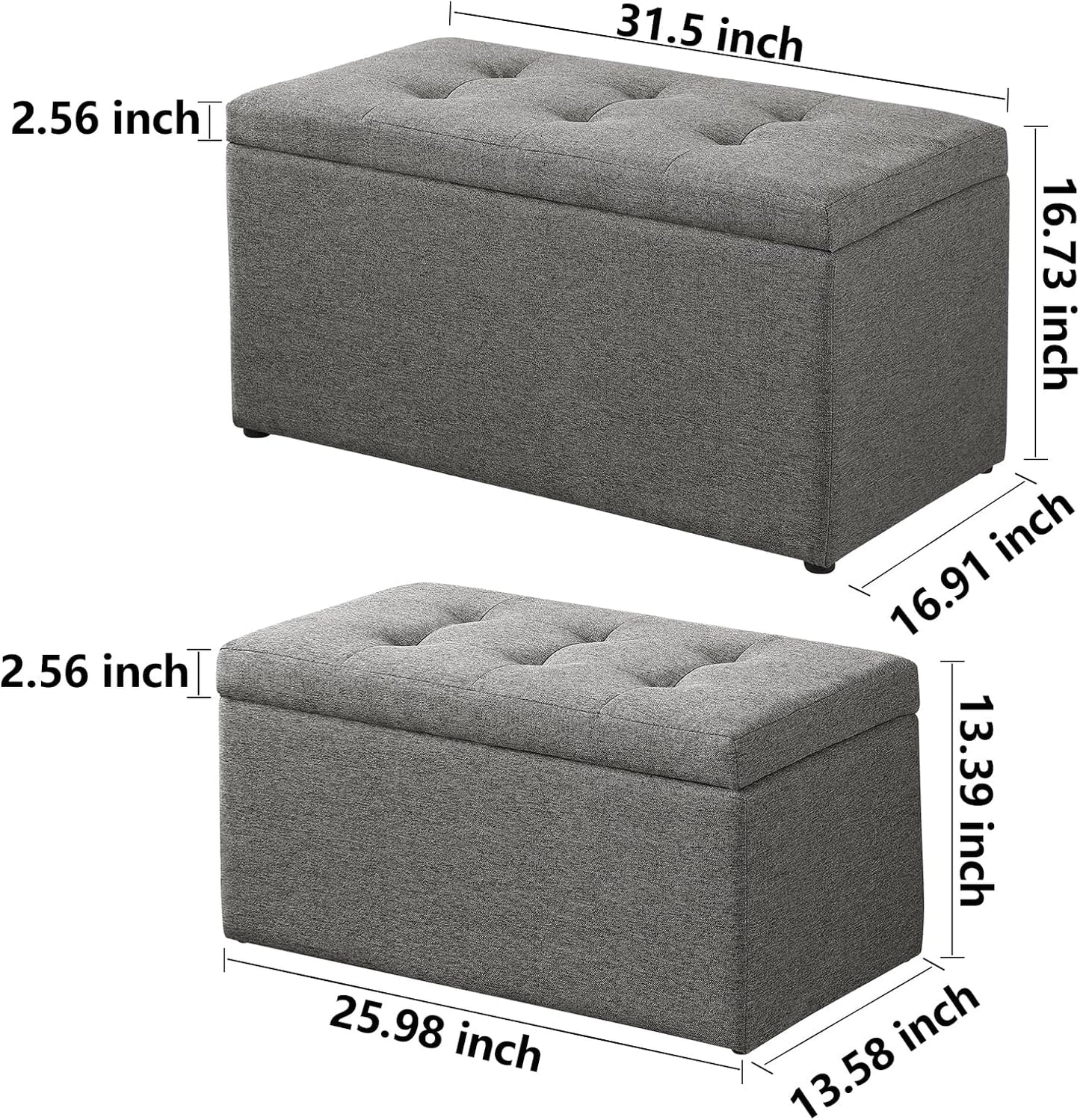 Storage Ottoman Bench with 2.56-inch Thick Seat, 31.5 inch Nesting Ottoman Set of 2, Hinged Flip Top Bench with Storage for Living Room, Bedroom, Light Grey