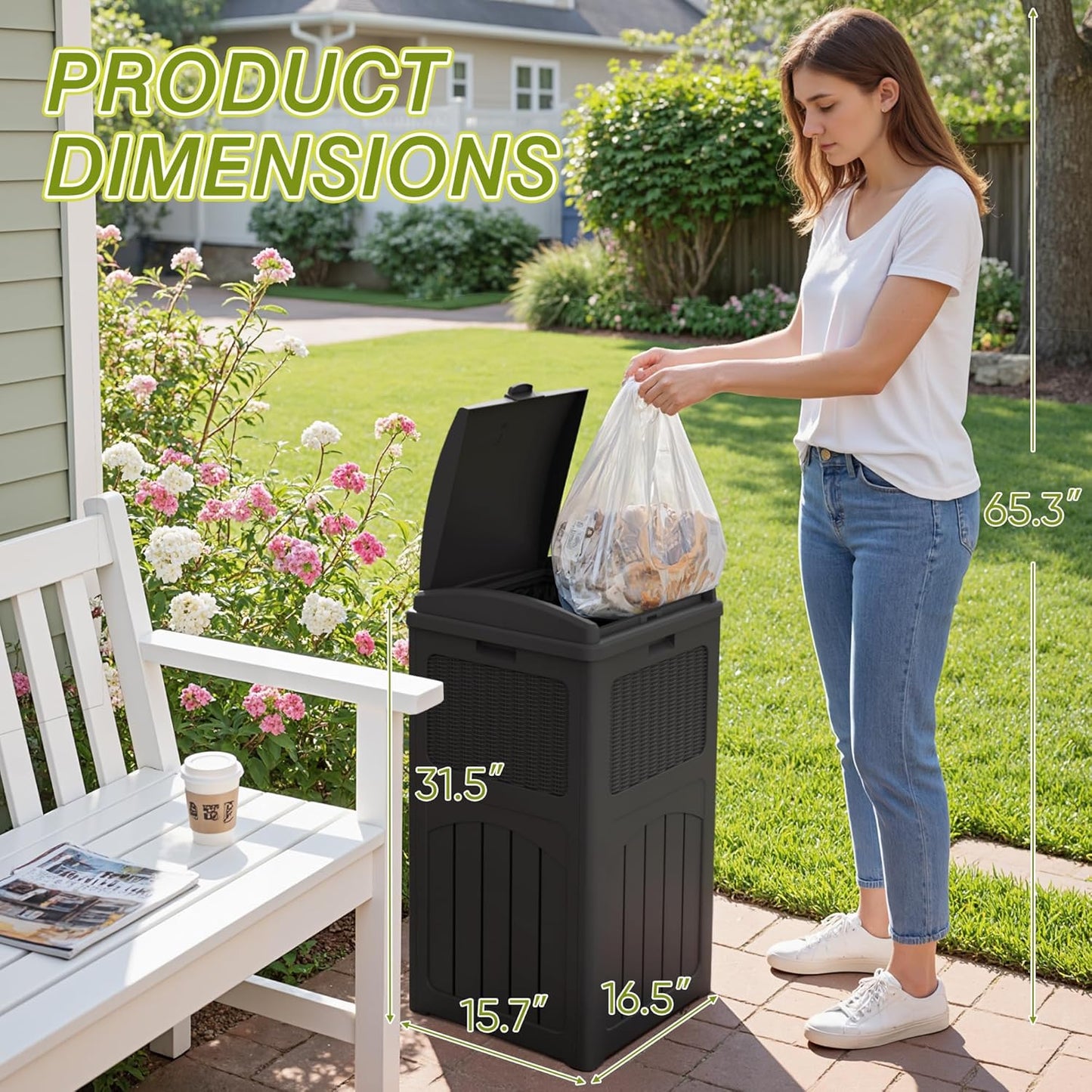 Greesum 33 Gallon Outdoor Trash Can with Lid, Waterproof Resin Garbage Bin for Hideaway, Deck, Patio, 3 Pack, Gray