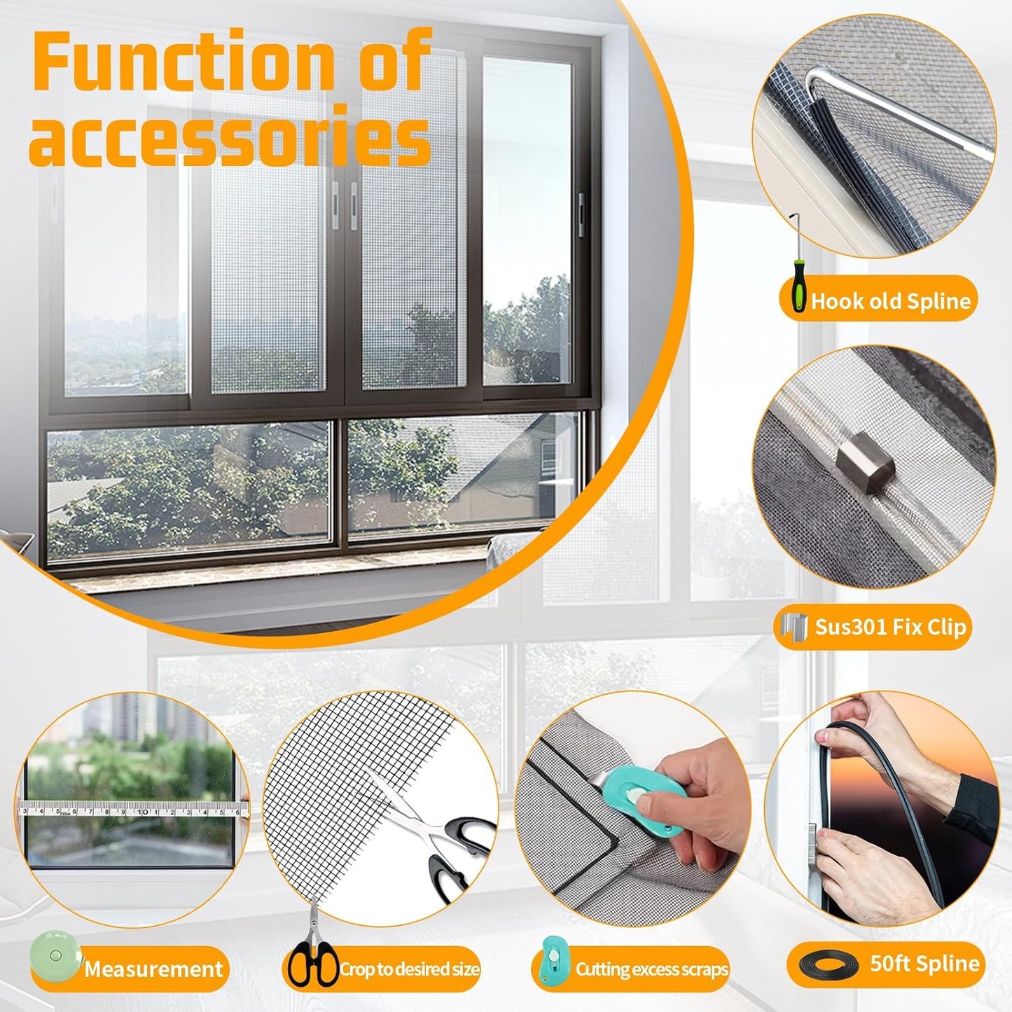 Window Screen Replacement,Screen Door Repair Kit, 48"x178" Black Window Screen Mesh,Including 50 FT Splines+Hooks+2 Rollers+8 Clips+Scissors+Knife+Tape Measure,Fully Equipped Window Screen Repair Kit