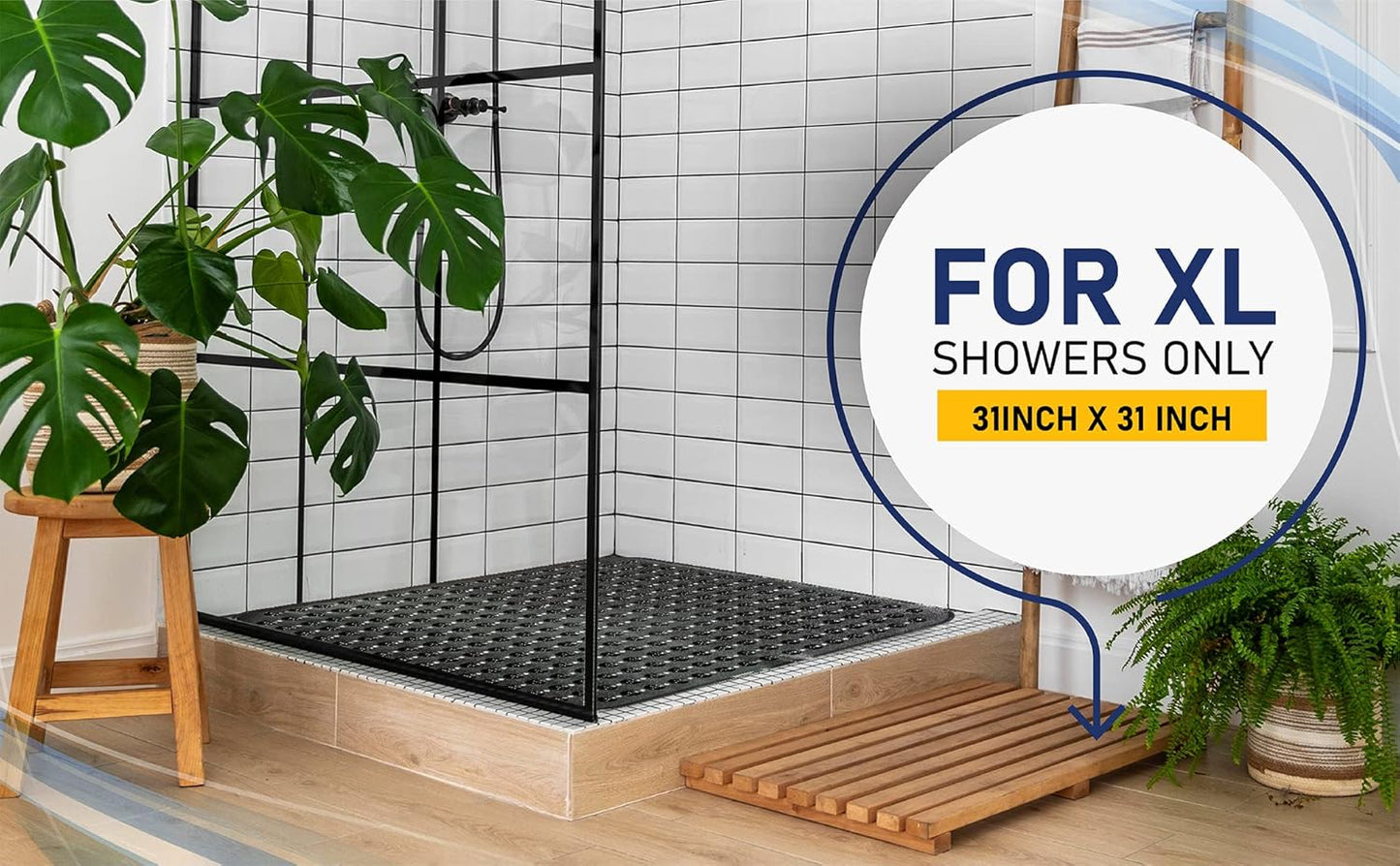 ENKOSI Extra Large Square Non Slip Shower Mat - 31 x 31-inch XL Bathroom Shower Mat - Square Shower Matts for Shower Stall Floors | Secure Suction Cups and Drain Holes (31x31 White)