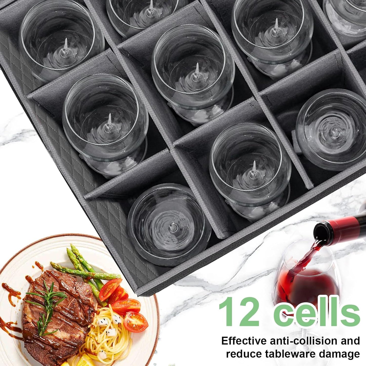 Wine Glass Sorage Box, Stemware Storage Cases with dividers, Hard Shell China Storage Containers 12 Cells for long stem, Stackable Crystal Glassware Storage with Label Window, Handles (Dark Grey)