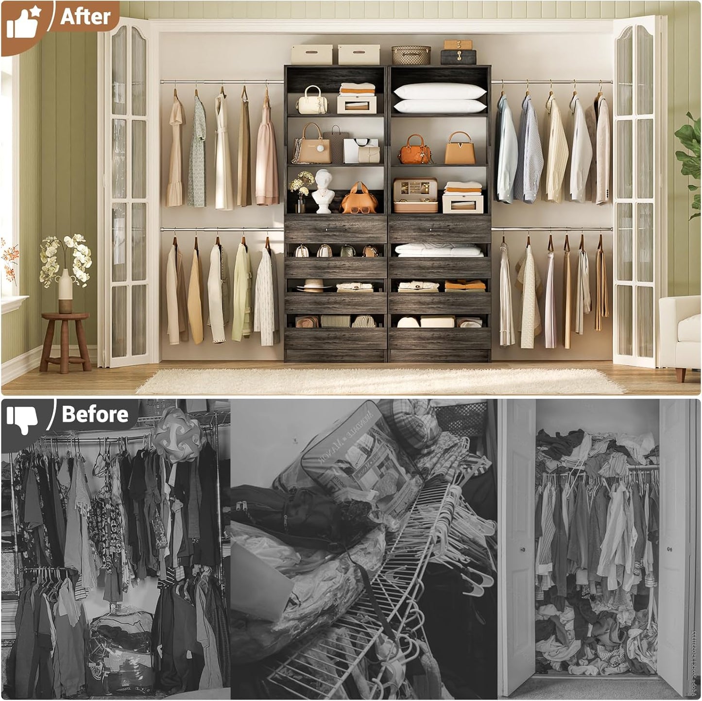 Aheaplus Closet System, 6-15Ft Closet Organizer with 8 Wooden Drawers, Wood Closet Organizer System with Tower, Walk-in Closet Organizer Wardrobe Garment Clothes Rack with 4 Hanging Rods, Black Oak