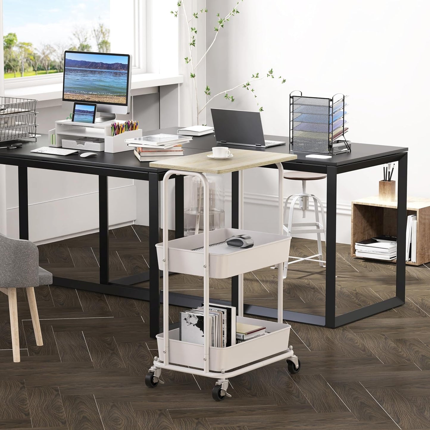 Simple Houseware 2-Tier Rolling Utility Cart with Lockable Wheels and Wood Top, Metal Storage Organizer Trolley for Kitchen, Bathroom, Office, Craft Room, Maple