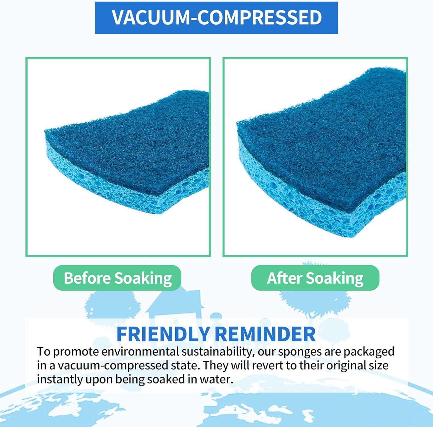 HOMERHYME Non-Scratch Cellulose Scrub Sponges 24 Pack, Kitchen Sponge with Double-Side & Ergonomic Design. Sturdy Sponge for Dishes, Coated Cookware, Sink, Countertops.