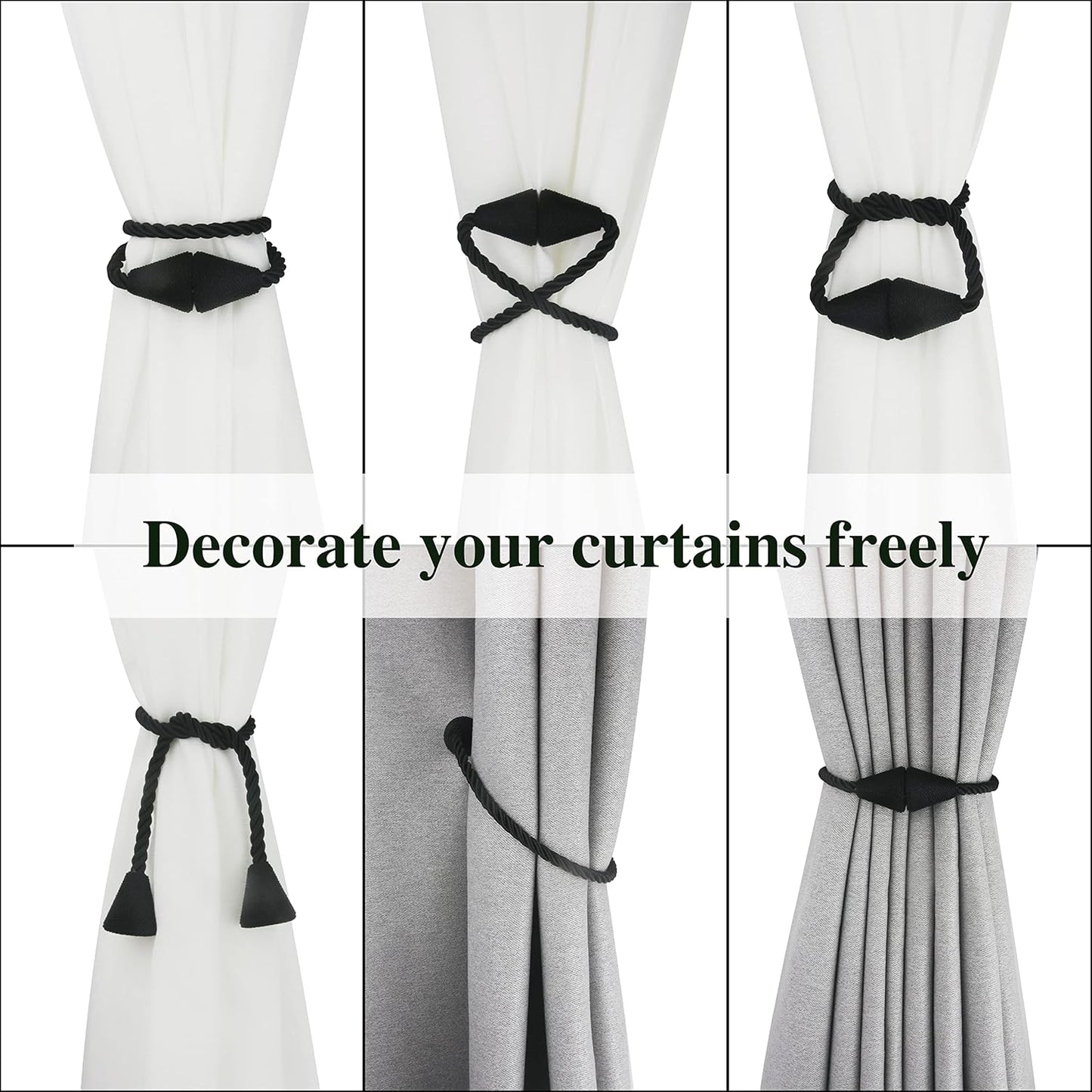2 Pack Magnetic Curtain Tiebacks Rope Modern Handmade Curtain Tie Backs Decorative Drapes Weave Holdbacks for Window Décor, Black