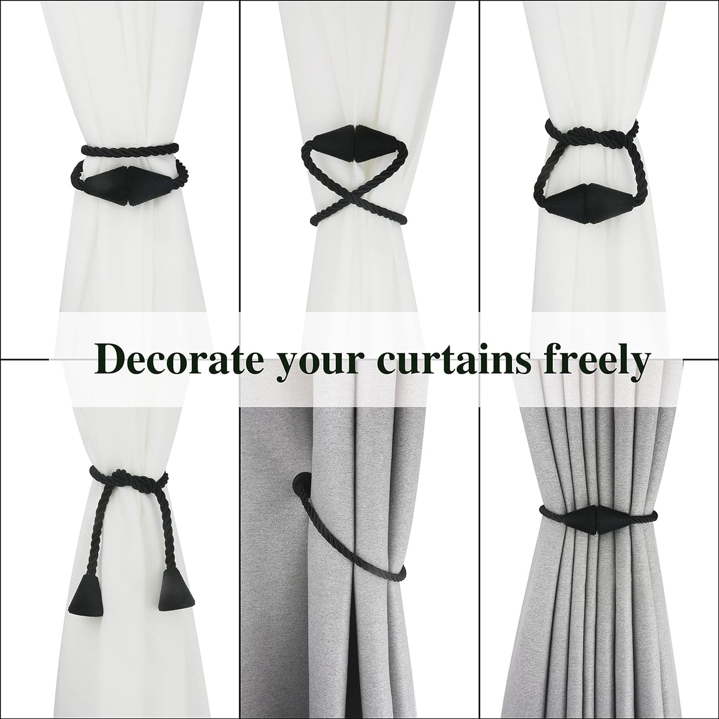 4 Pack Magnetic Curtain Tiebacks Rope Modern Handmade Curtain Tie Backs Decorative Drapes Weave Holdbacks for Window Décor, Black