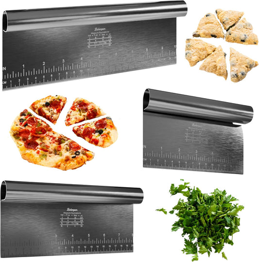 Bakerpan Stainless Steel Heavy Duty Dough Cutter, 3 Size Set - Metal Bench Scraper Kitchen Utensils, Chopper, Pizza and Pastry Cutter Tool, 10, 8, 6 Inch