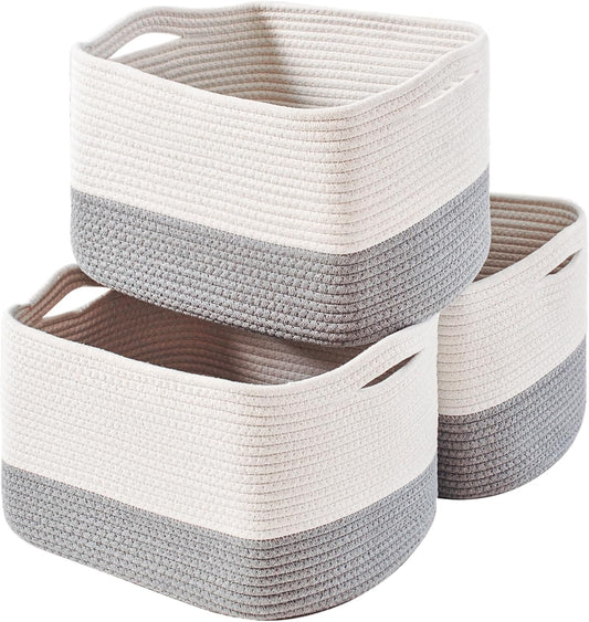 Storage Baskets for Organizing Shelves, Woven Cotton Rope Bins for Baby Nursery Organization, Book Toy Towel Organizer, 15"x11"x9.5", 3 Packs, Off White & Grey