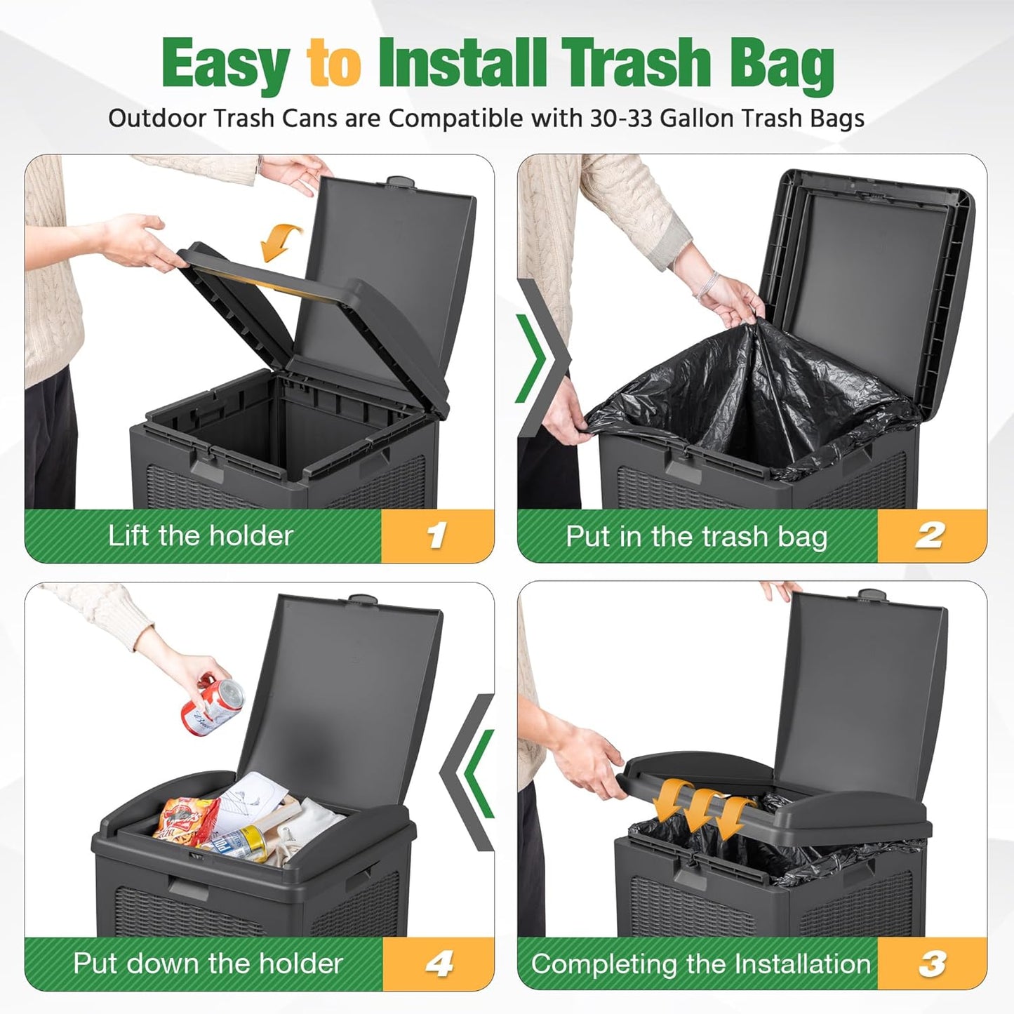 Flamaker 30 Gallon Trash Can, Resin Outdoor Garbage Can with Lid, Waterproof Hideaway Patio Waste Bins for Outside Use (2 Pack, Gray)